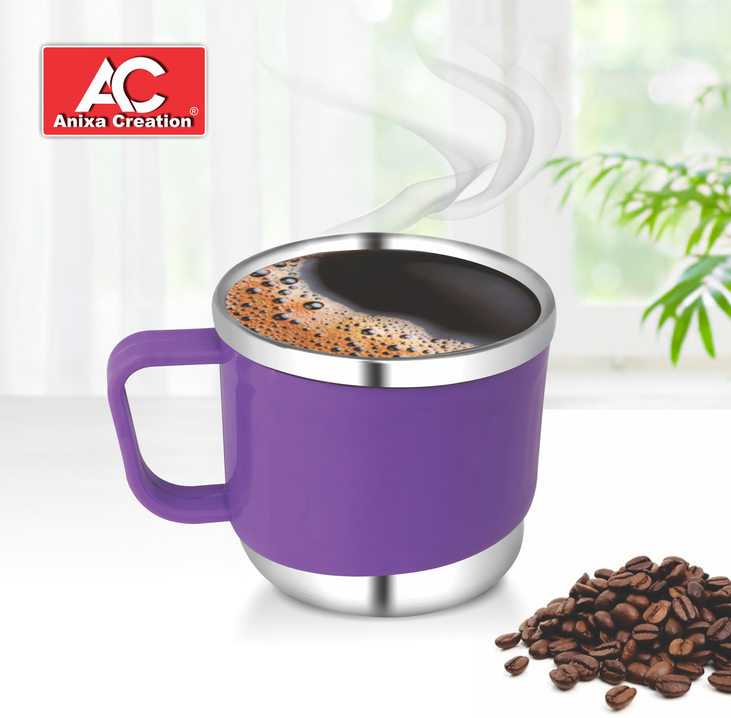 Image of Anixa Creation Pack of 6 Stainless Steel, Plastic Tea cups | Stainless Steel tea cup set of 6 | Outer Plastic | Coffee Mug