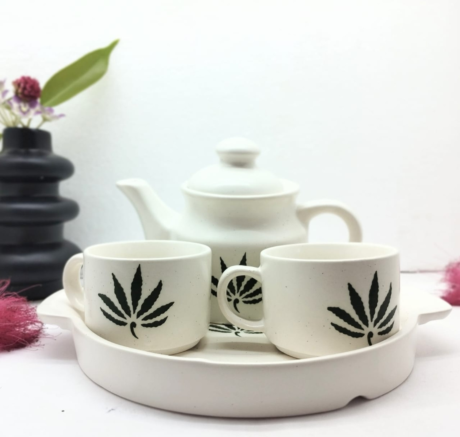 Image of The Earthy Store Pack of 4 Ceramic Ceramic Tea Kettle Set Kitchenware ,1 Kettle, 1 Tray, Tea Cup 2 Piece