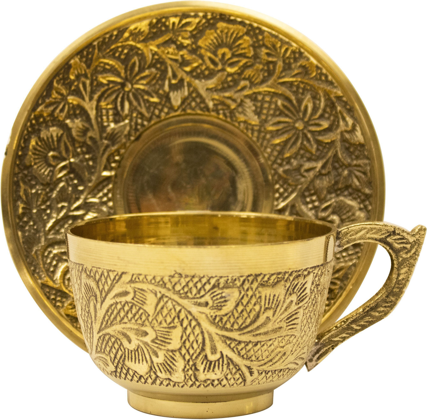 Image of Spillbox Pack of 2 Brass Traditional Handcrafted Brass Engraved Coffee Dabra Cup and Saucer | Coffee Cup