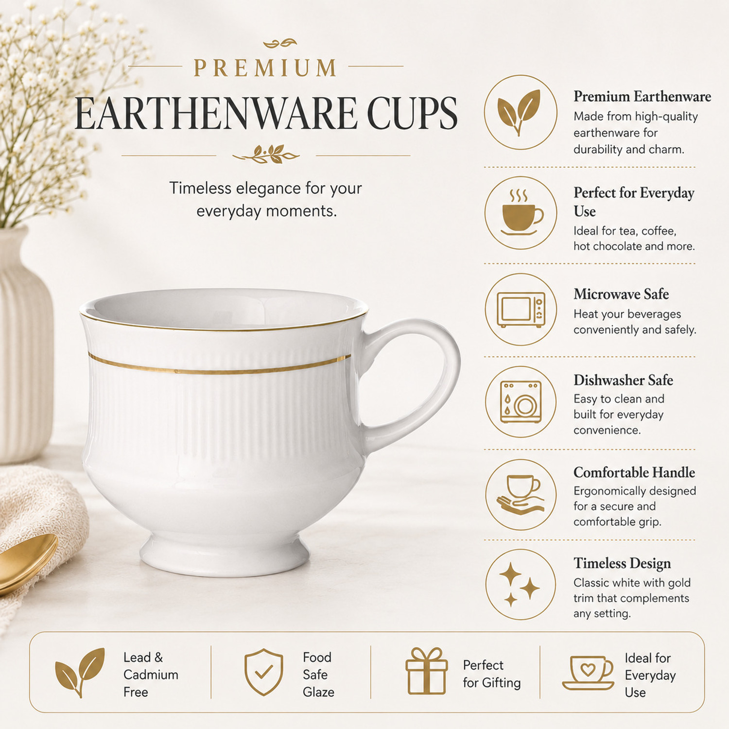 Image of D'Maiolica Pack of 6 Ceramic, Bone China Tea Cups Set of 6 | Coffee Mugs for Home Office, perfect for gifting