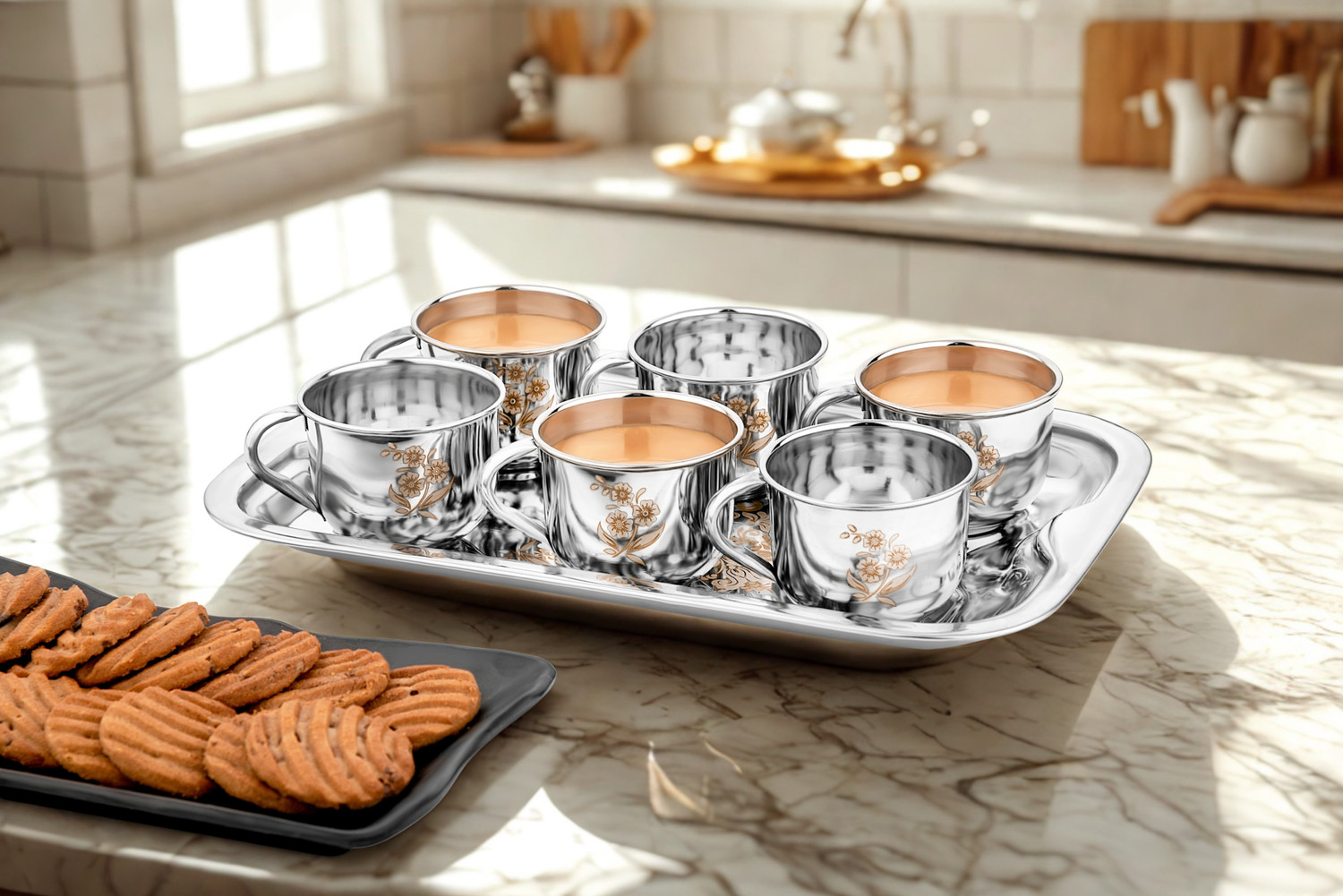 Image of YM Stainless Pack of 7 Stainless Steel Premium Tea Cup & Tray Set