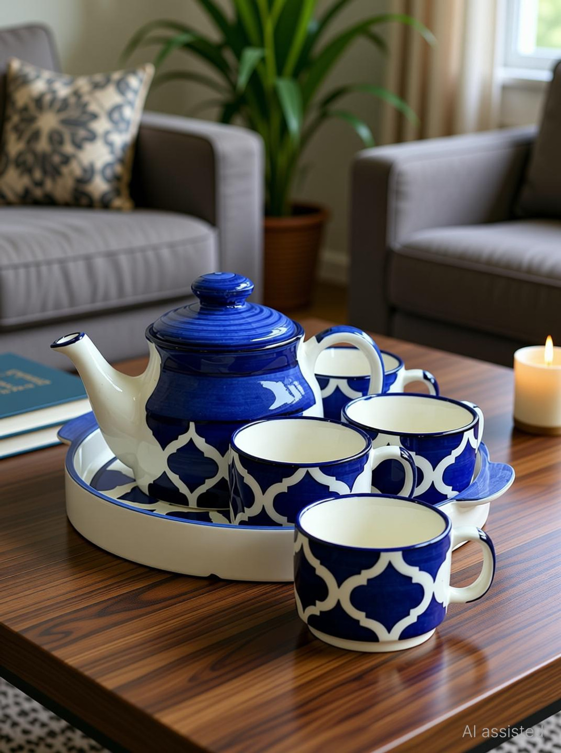 Image of The Earthy Store Pack of 6 Ceramic Hand Painted Ceramic Tea Pot Set with 4 Cups 170ml, 1 Kettle 600ml, and 1 Tray