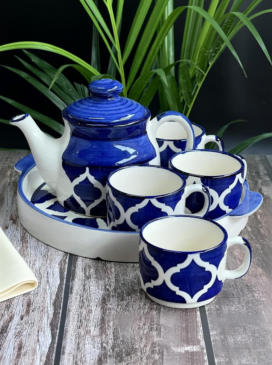 Image of The Earthy Store Pack of 6 Ceramic Hand Painted Ceramic Tea Pot Set with 4 Cups 170ml, 1 Kettle 600ml, and 1 Tray