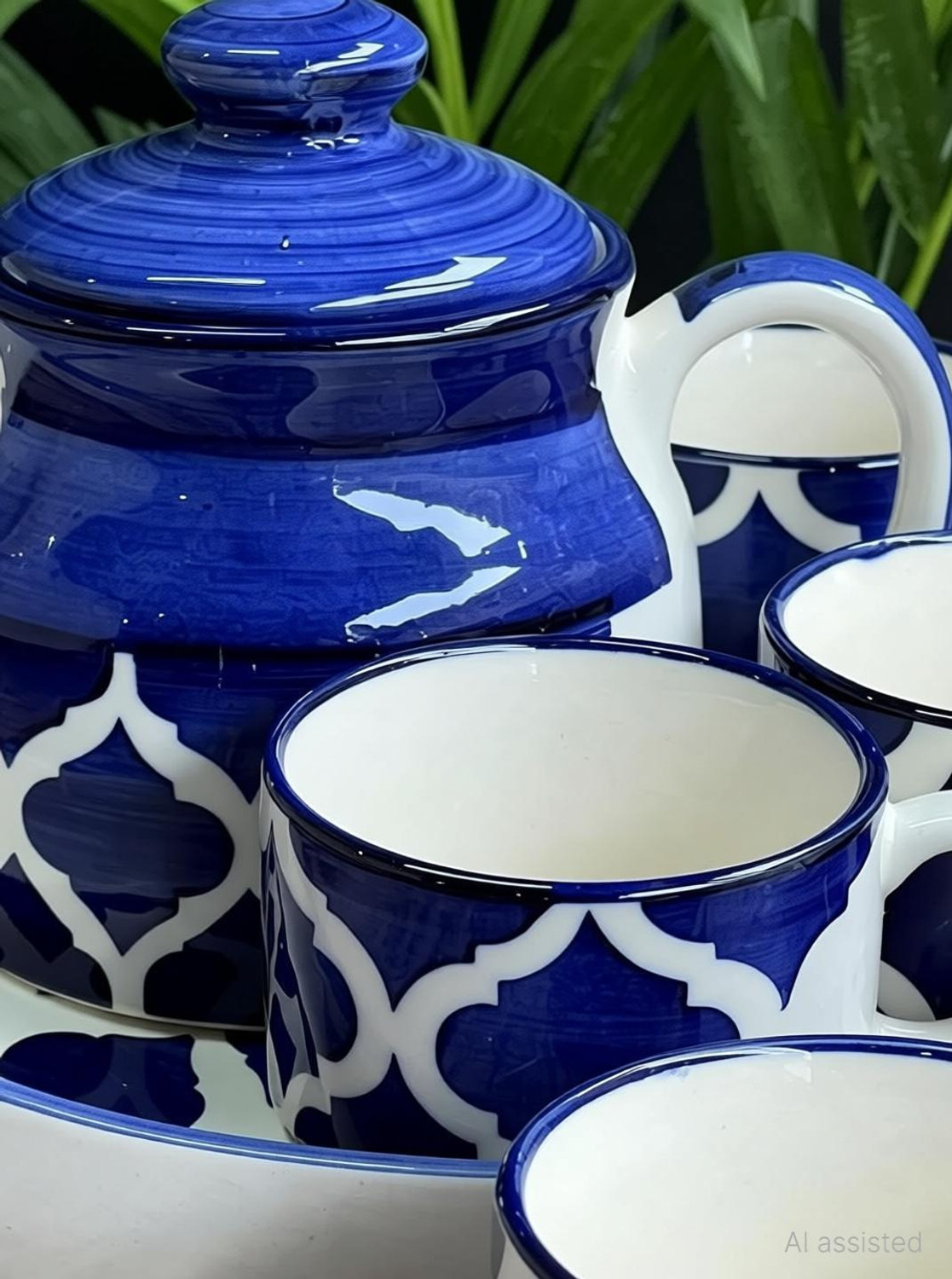 Image of The Earthy Store Pack of 6 Ceramic Hand Painted Ceramic Tea Pot Set with 4 Cups 170ml, 1 Kettle 600ml, and 1 Tray