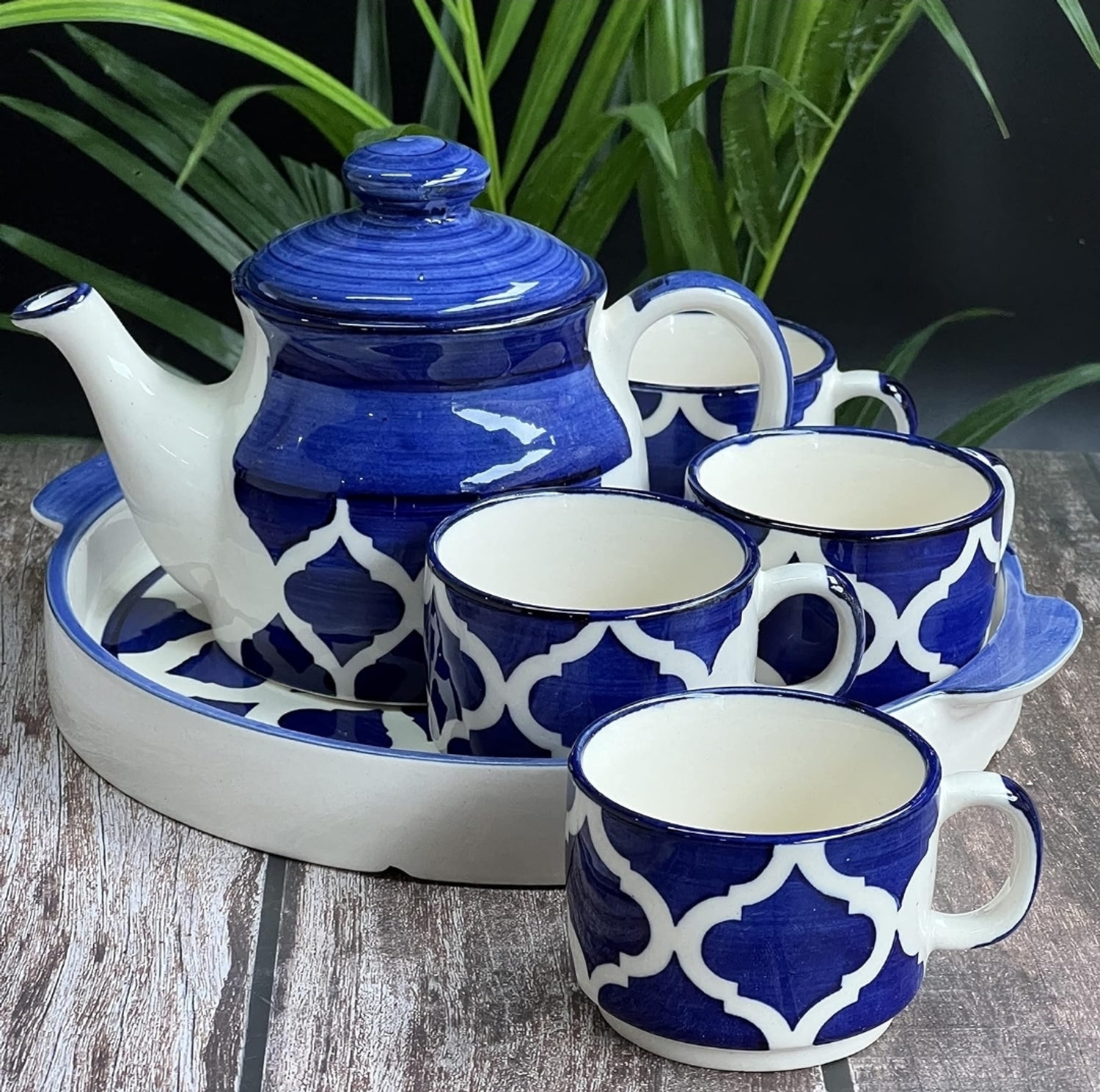 Image of The Earthy Store Pack of 6 Ceramic Hand Painted Ceramic Tea Pot Set with 4 Cups 170ml, 1 Kettle 600ml, and 1 Tray