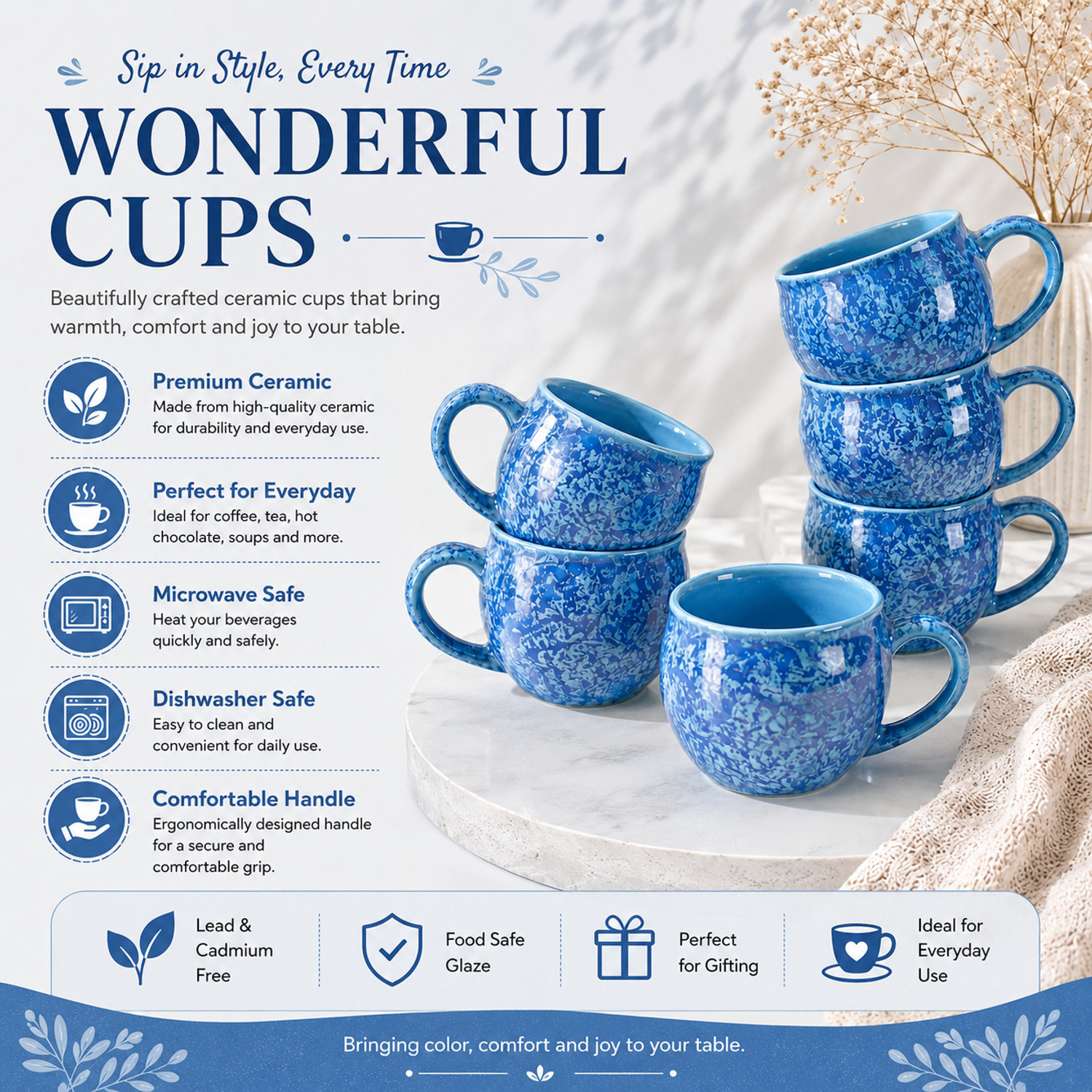 Image of D'Maiolica Pack of 6 Ceramic, Bone China Premium Quality Small Size tea cup set of 6, coffee cups