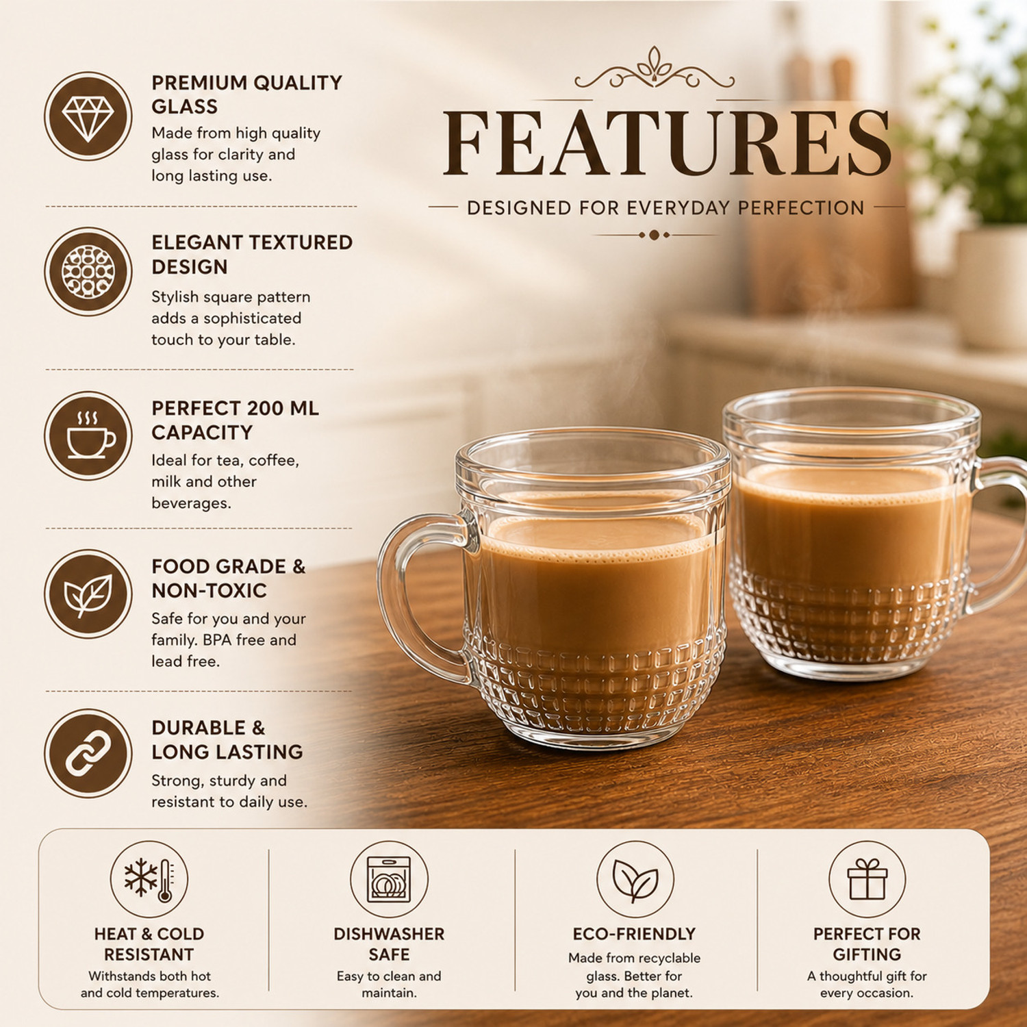 Image of AAMU MOON Pack of 4 Glass Round Tea Cups for Office, Coffee Shop, 200ML Handled Cups for Serving Beverages