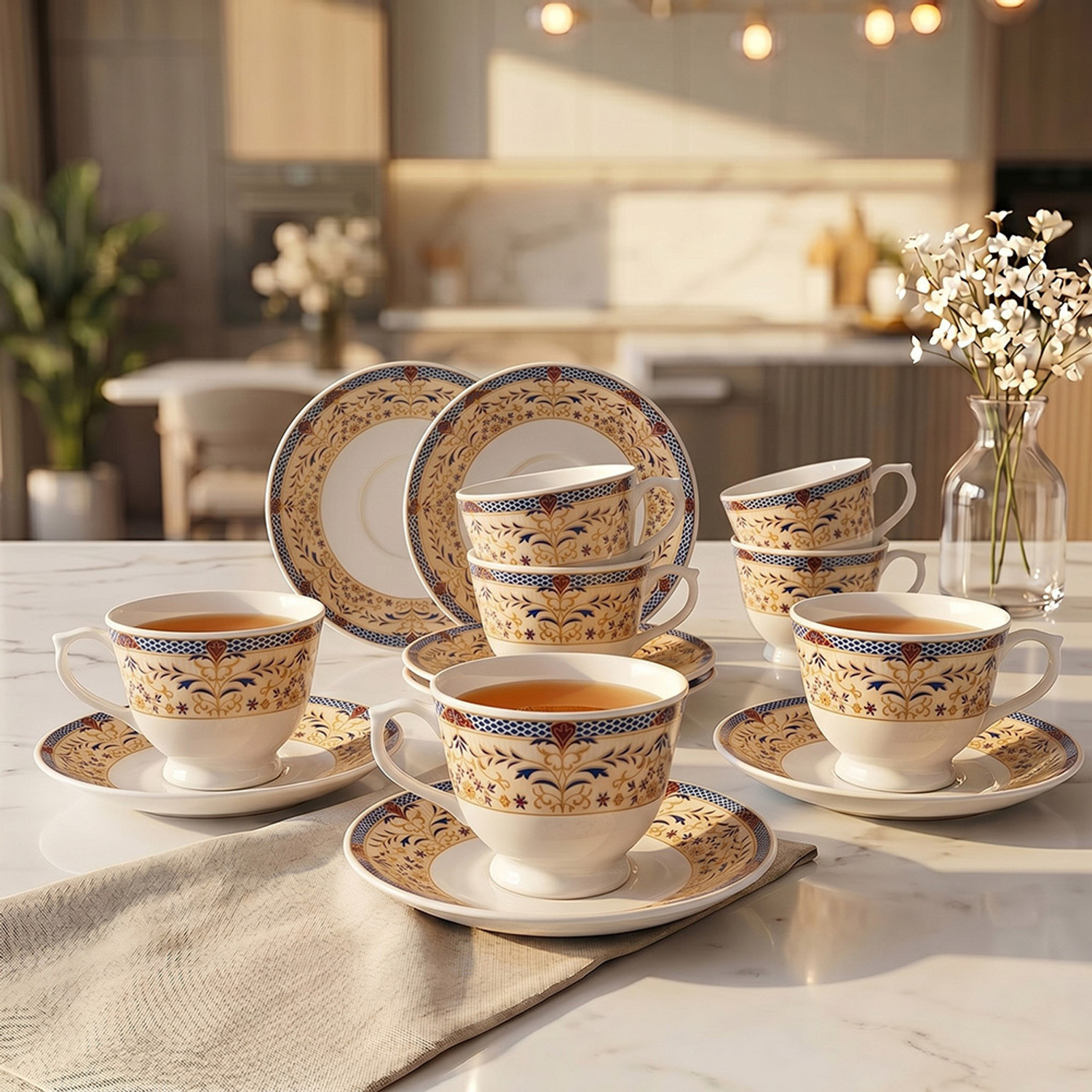 Image of U.P.C. Bone China Tea Cup & Saucer Set of 6 | 180ml | Royal Jali Floral Print