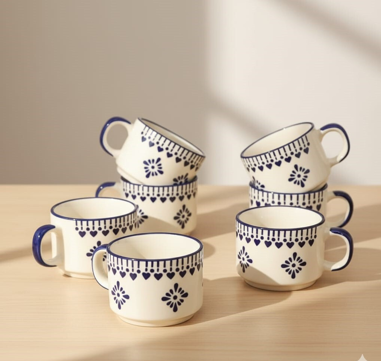 Image of Rehbar handicraft Pack of 6 Stoneware BLUE FLORAL HEART DESIGN TEA CUP SET (Blue, Cup Set)
