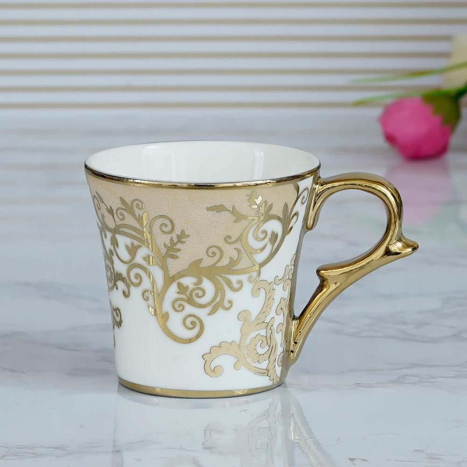 Image of Femora Pack of 6 Bone China Pack of 6 Bone China Indian Ceramic Fine Bone China Floral Gold Line Tea Cup - 6 Pcs, 155 ML