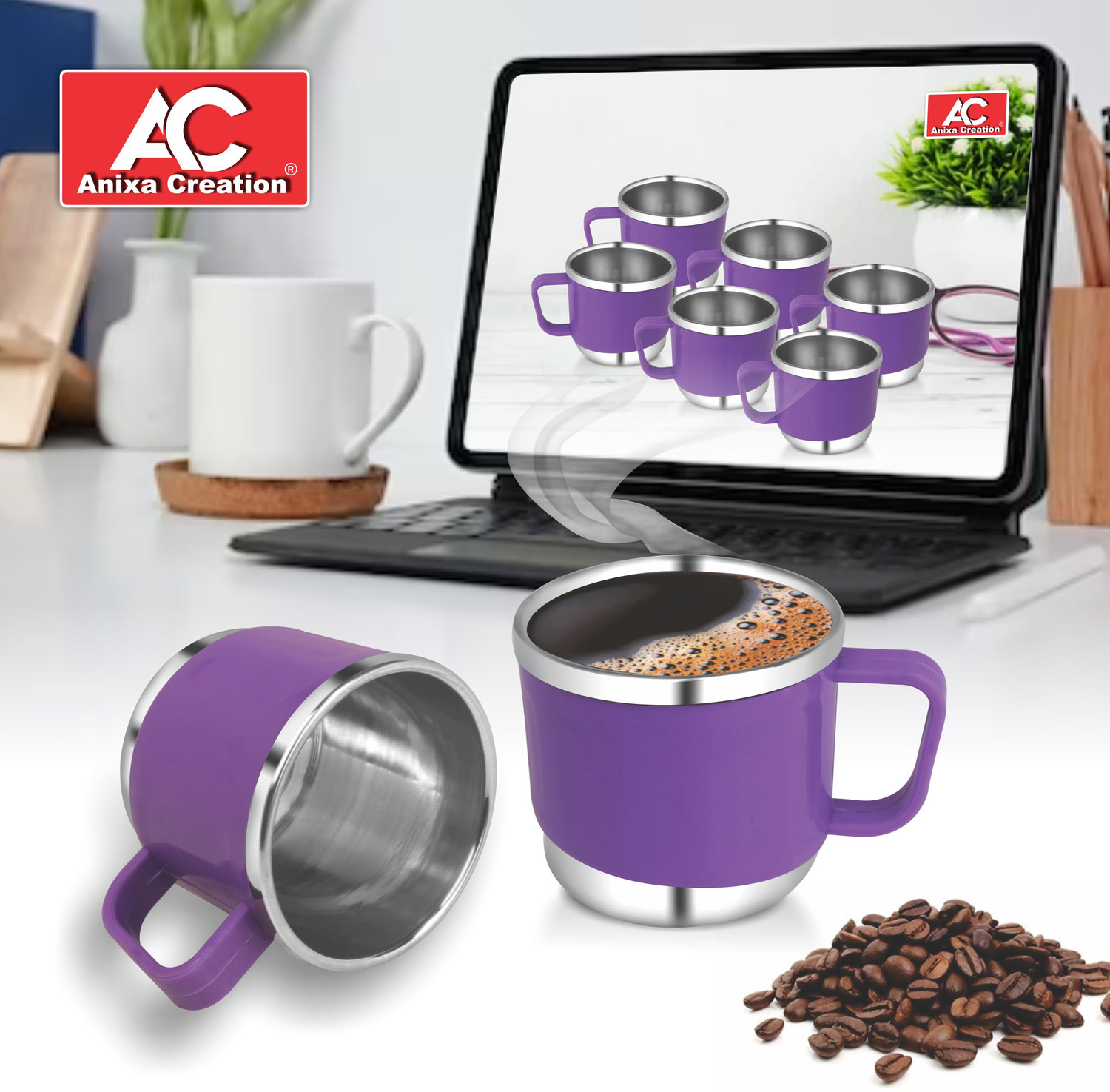 Image of Anixa Creation Pack of 6 Stainless Steel, Plastic Tea cups | Stainless Steel tea cup set of 6 | Outer Plastic | Coffee Mug