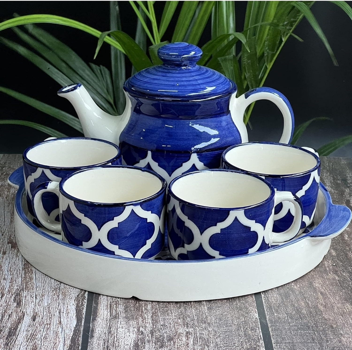 Image of The Earthy Store Pack of 6 Ceramic Hand Painted Ceramic Tea Pot Set with 4 Cups 170ml, 1 Kettle 600ml, and 1 Tray
