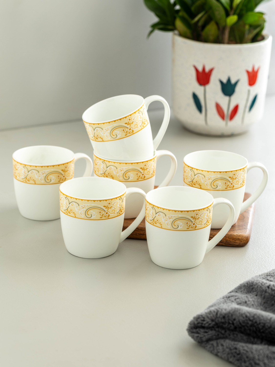 Image of CLAY CRAFT Pack of 1 Ceramic Ceramic Coffee Mug Set of 6 | Elegant Printed Tea Cups White Design