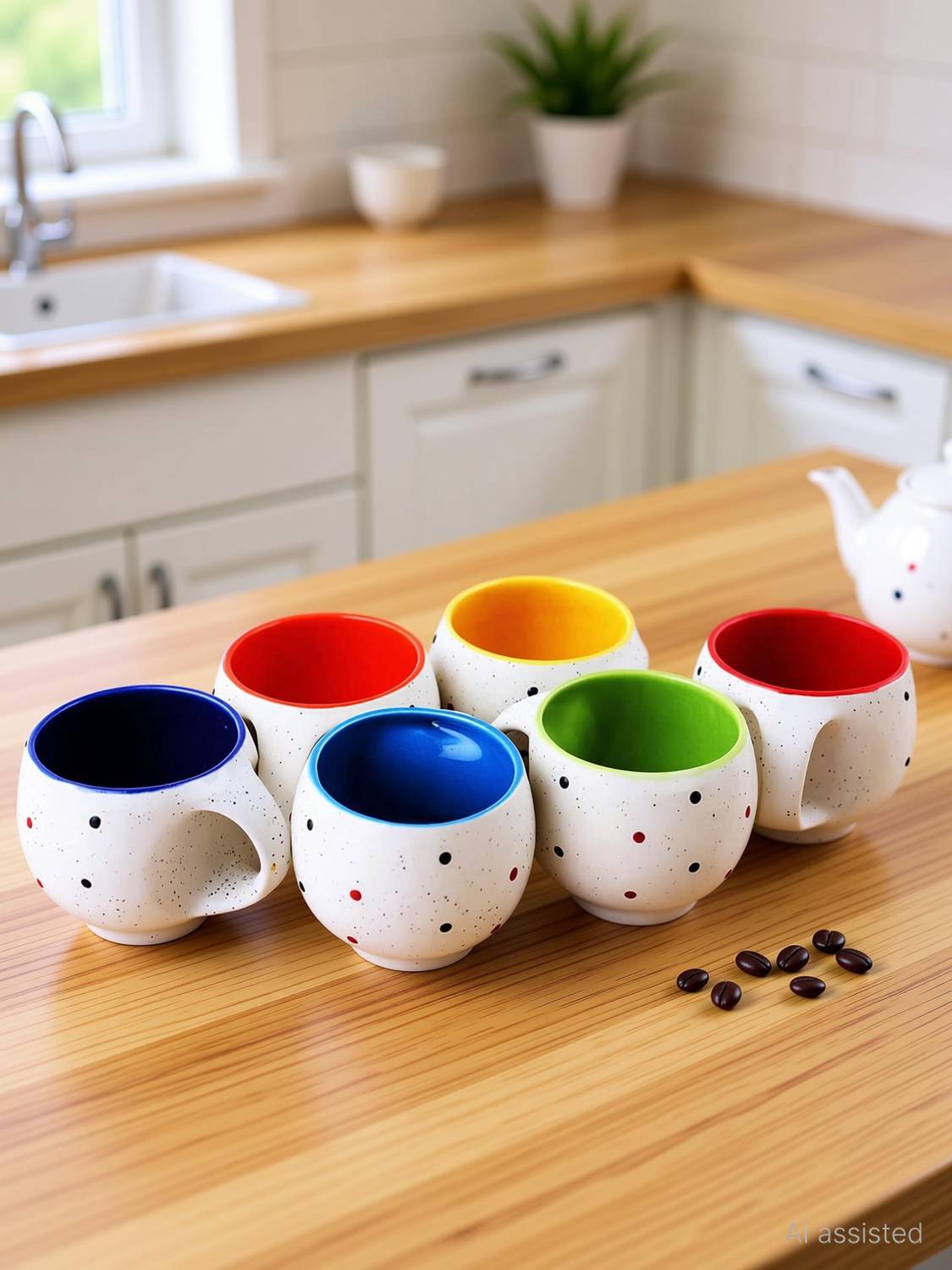 ANJALI CRAFT AND CREATION Pack of 6 Bone China, Ceramic Handcrafted white Pari dot Printed Microwave Safe Tea Cup/Coffee Cup Set