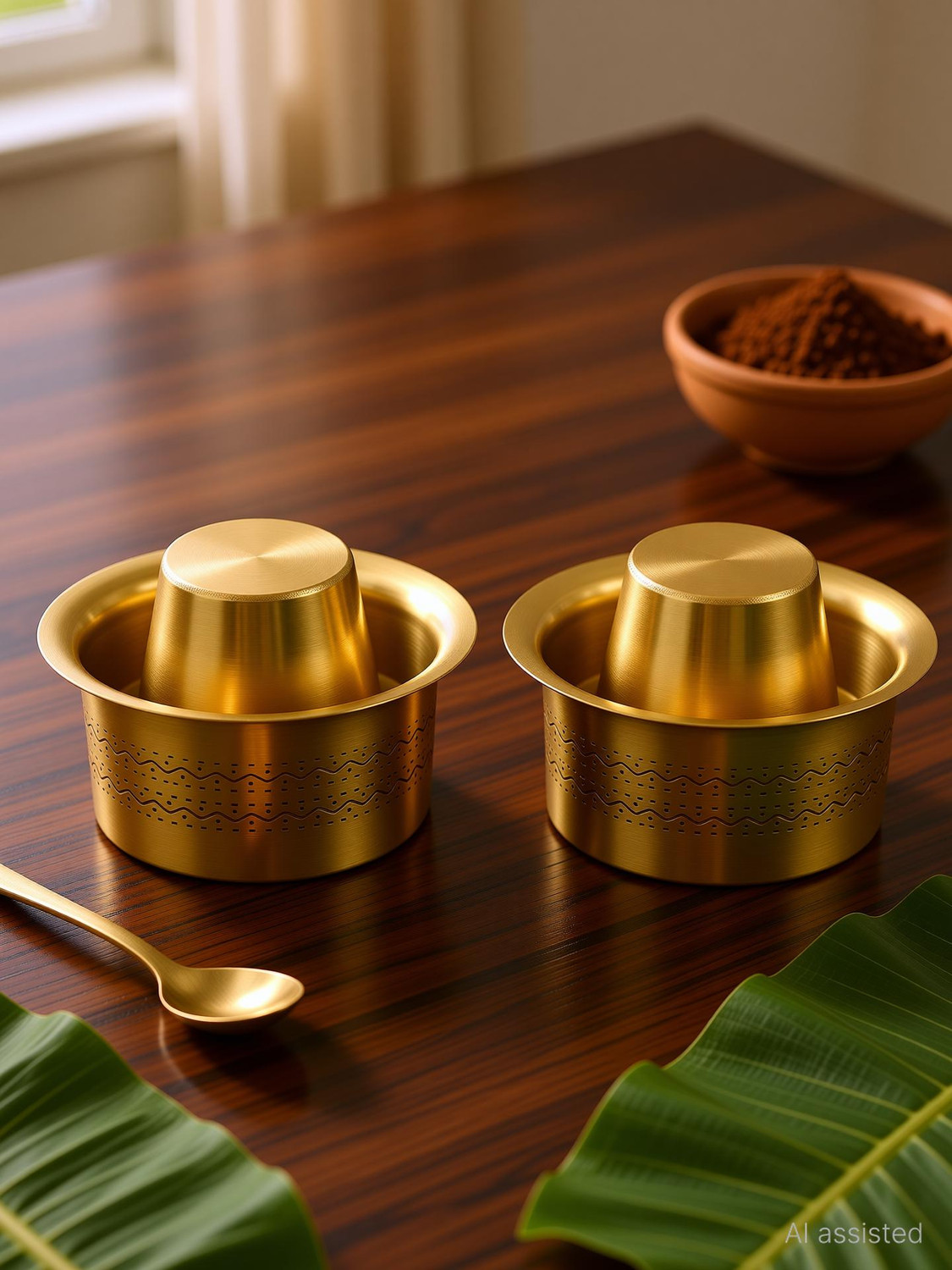 Image of The Healing Store Pack of 2 Brass Pack of 2 Brass Pure Brass Dabra Set - Traditional South Indian Coffee Serving