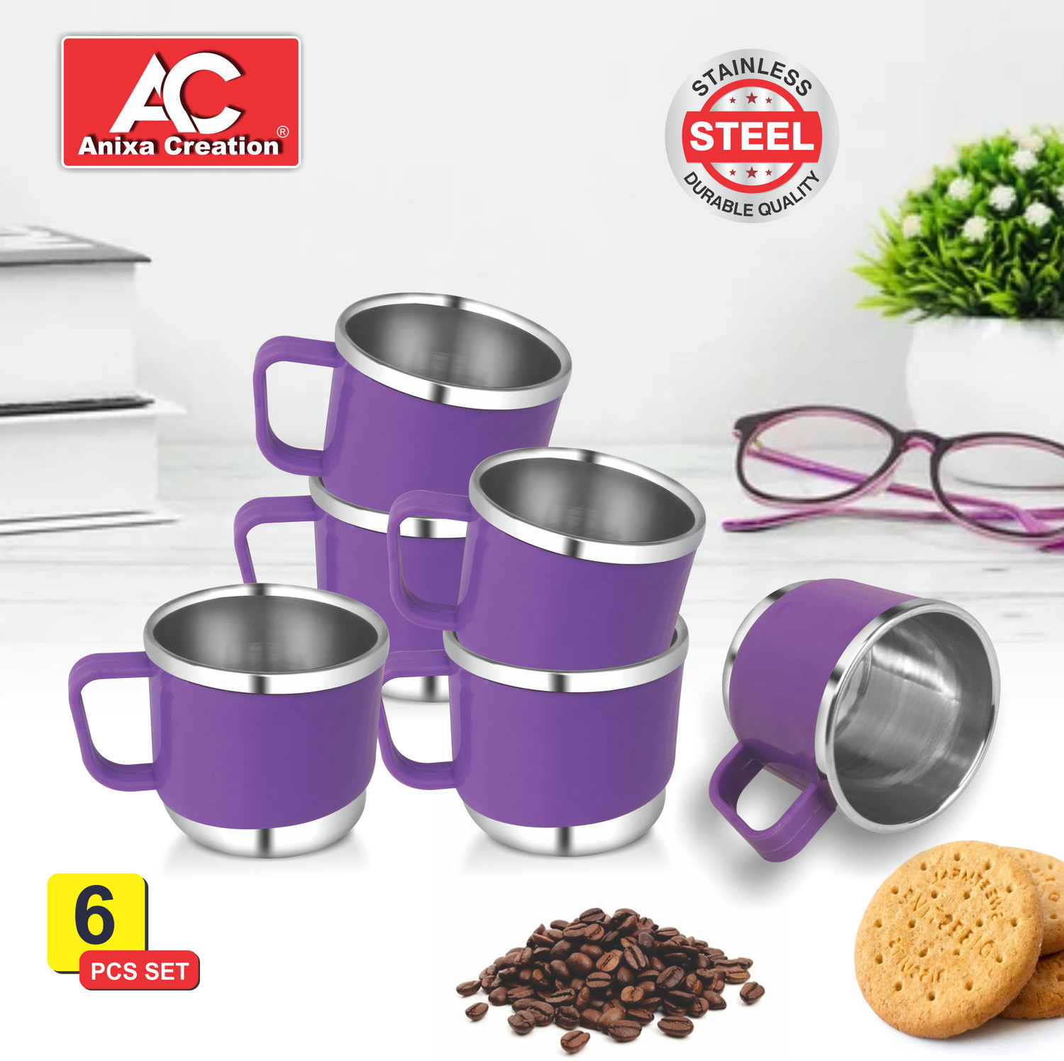 Image of Anixa Creation Pack of 6 Stainless Steel, Plastic Tea cups | Stainless Steel tea cup set of 6 | Outer Plastic | Coffee Mug