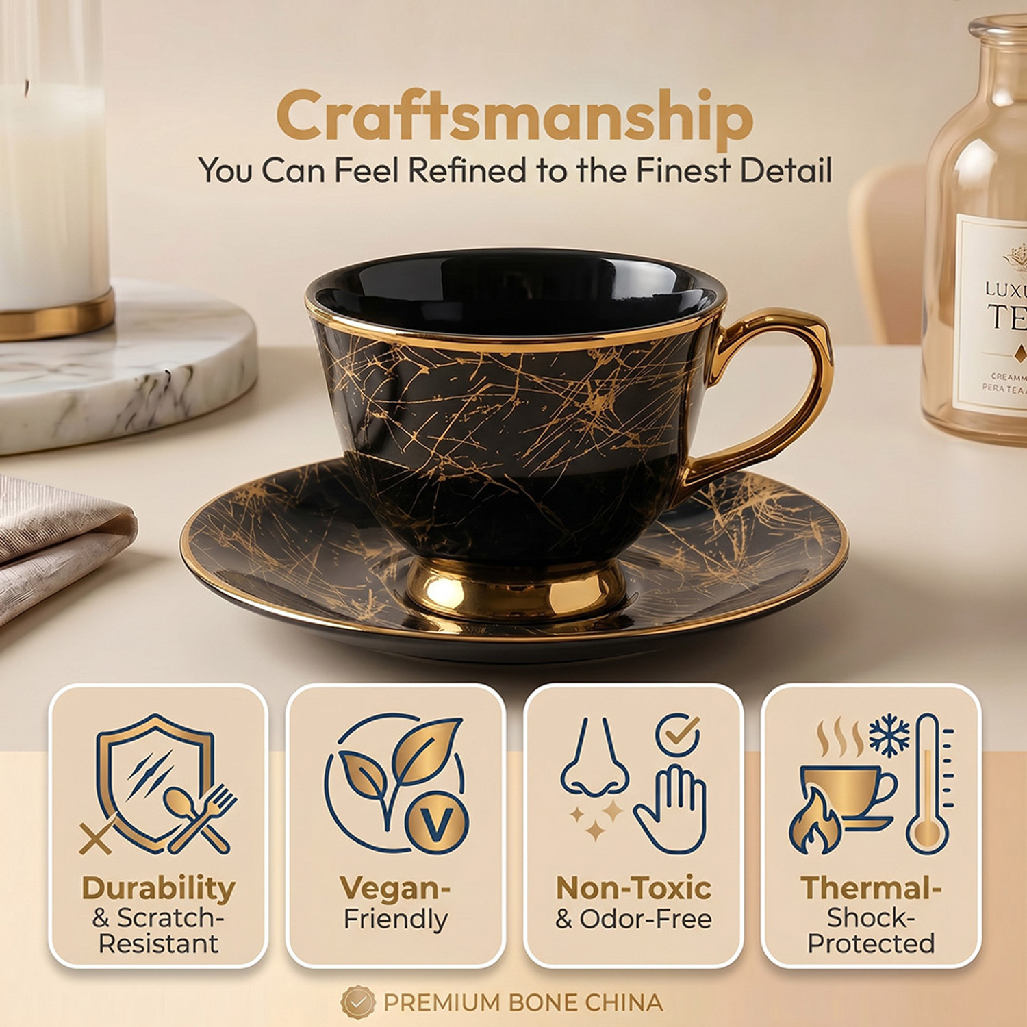 Image of U.P.C. Bone China Tea Cup & Saucer Set of 6 180ml | Black & Gold Marble Scratch Texture