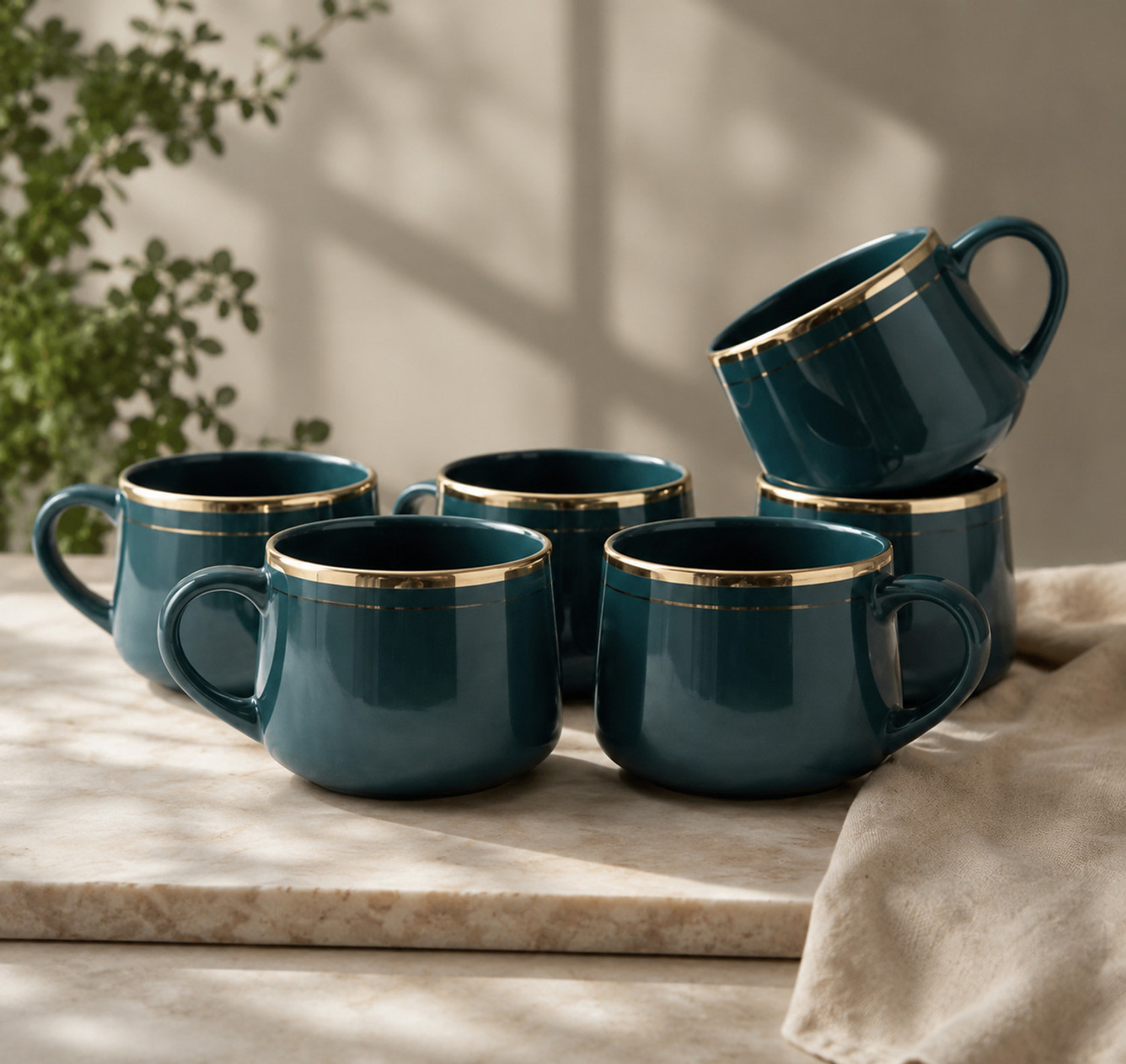Image of Abdul Traders Pack of 6 Ceramic Premium Ceramic Coffee Mug Set of 6 Dark Green Gold Rim Tea Cup Set