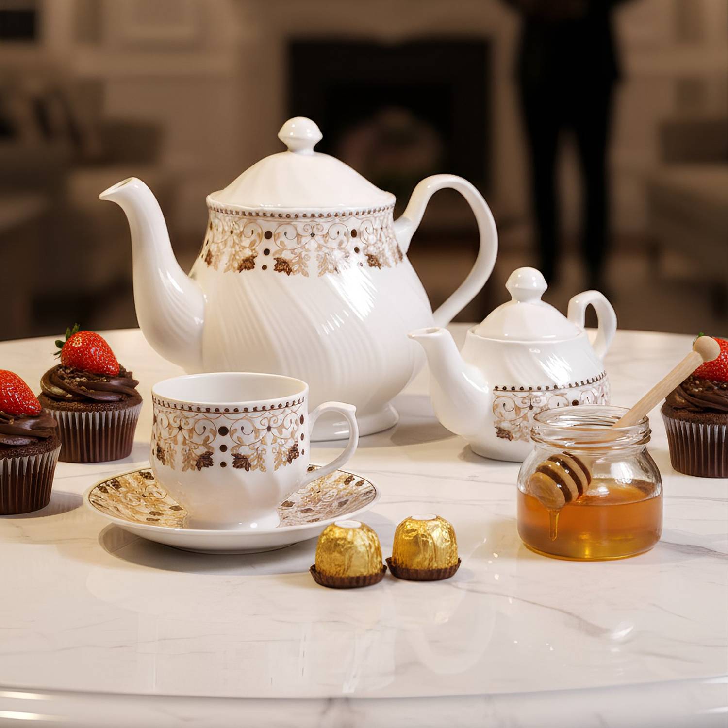 UPC Pack of 15 Ceramic Tea Set With Kettle - Image 5