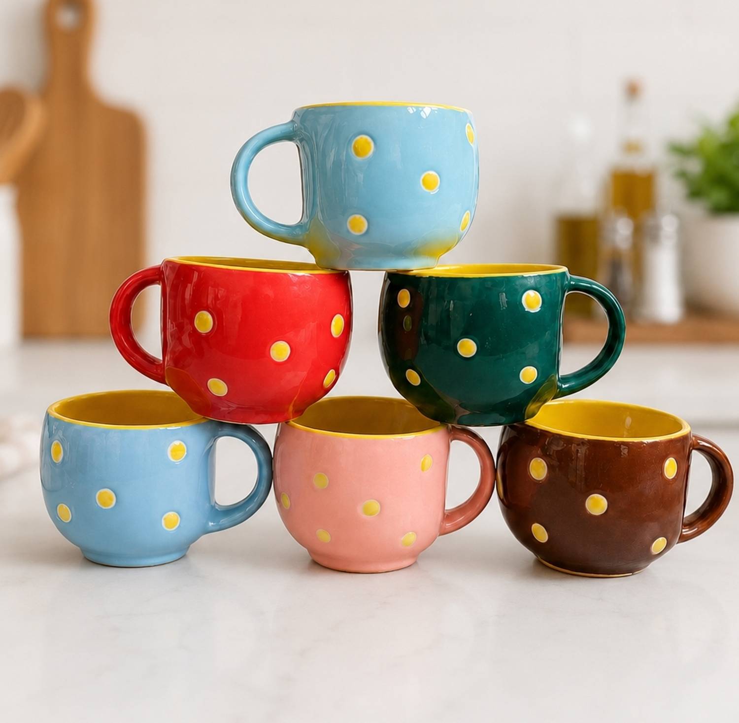 Bhumija Craft's Pack of 6 Bone China, Ceramic Colorful Designer Small Size Multi Color premium Tea Cup with Handle
