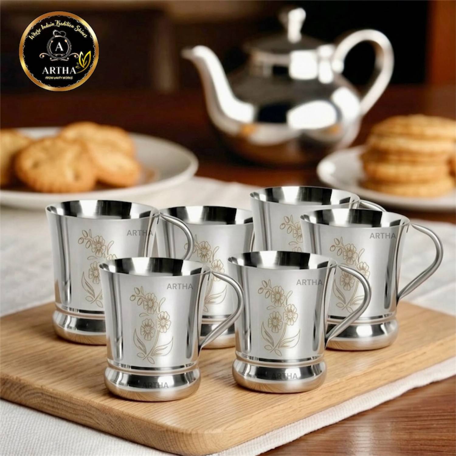 Artha Pack of 6 Stainless Steel Stainless Steel Laser-Printed Cups – Set of 6 | 250 ML | Mirror Polish Finish