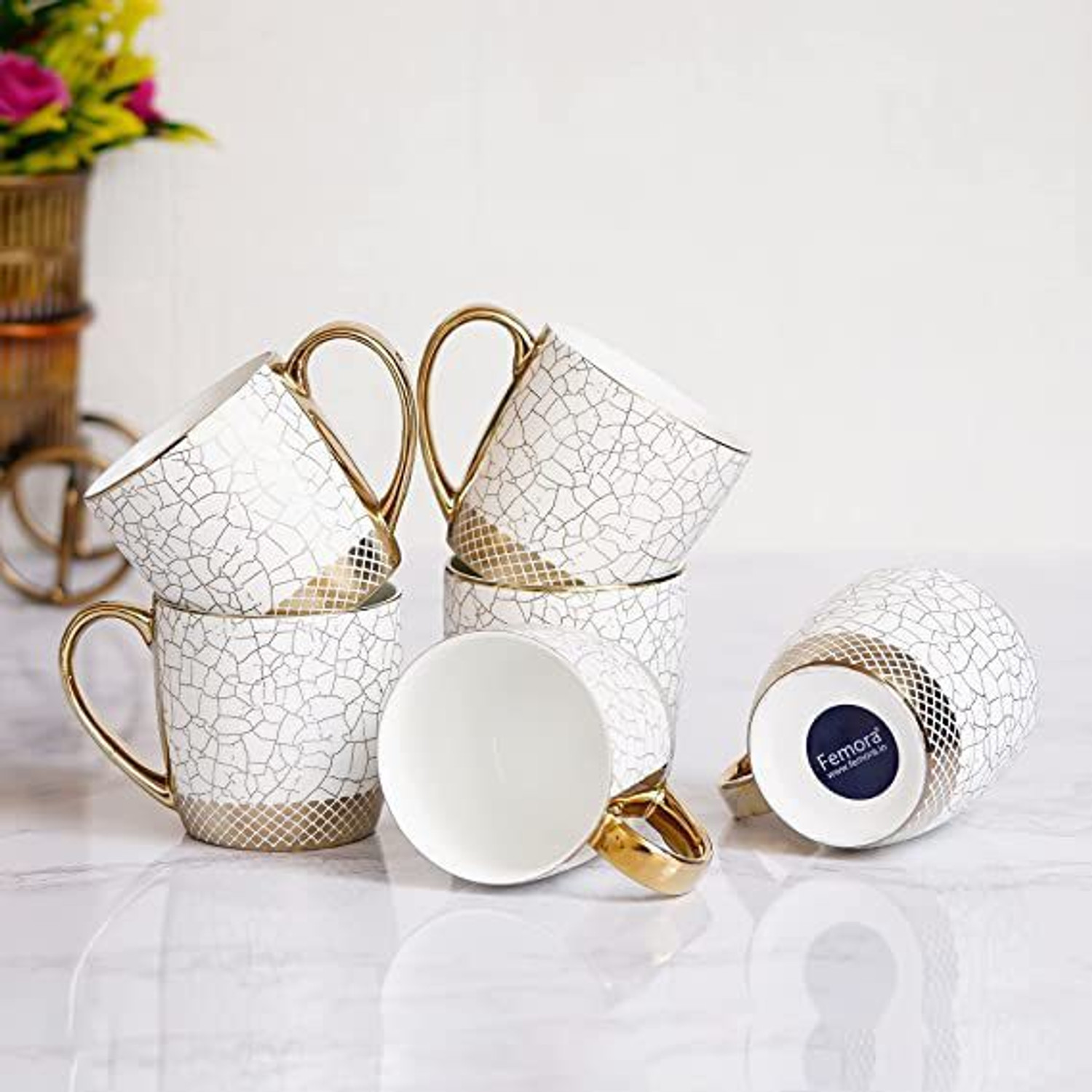 Image of Femora Pack of 6 Bone China Indian Ceramic Fine Bone China Marble Gold Line Tea Cups - Set of 6, 170 ML