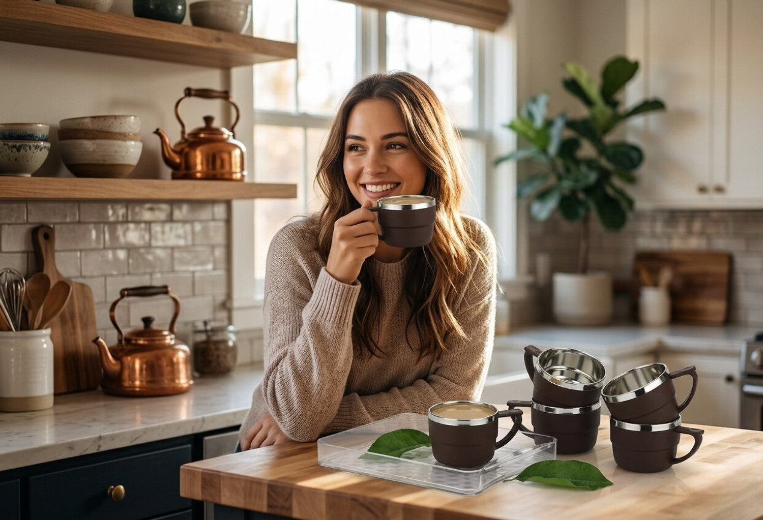Image of HAPPI Pack of 6 Stainless Steel, Plastic Tea Cups Set Coffee Mug Insulated Stainless Steel Inner Stylist Double Wall Cup