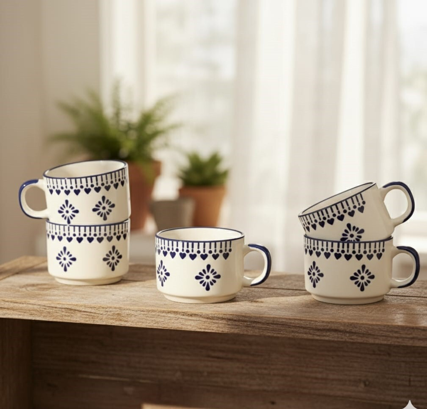 Image of Rehbar handicraft Pack of 6 Stoneware BLUE FLORAL HEART DESIGN TEA CUP SET (Blue, Cup Set)