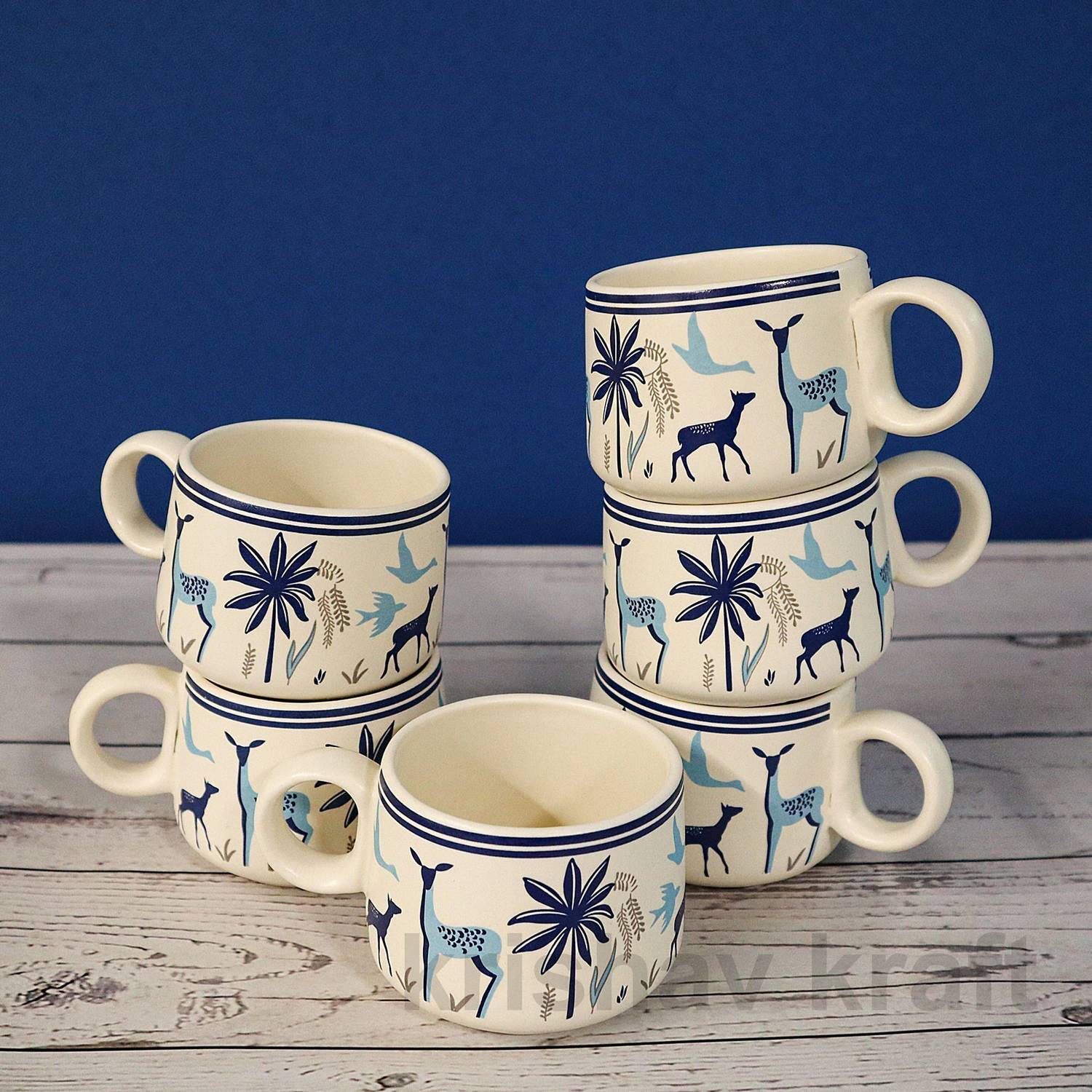 Amazecart Pack of 6 Ceramic Alive Blue Deer Tea Cups set