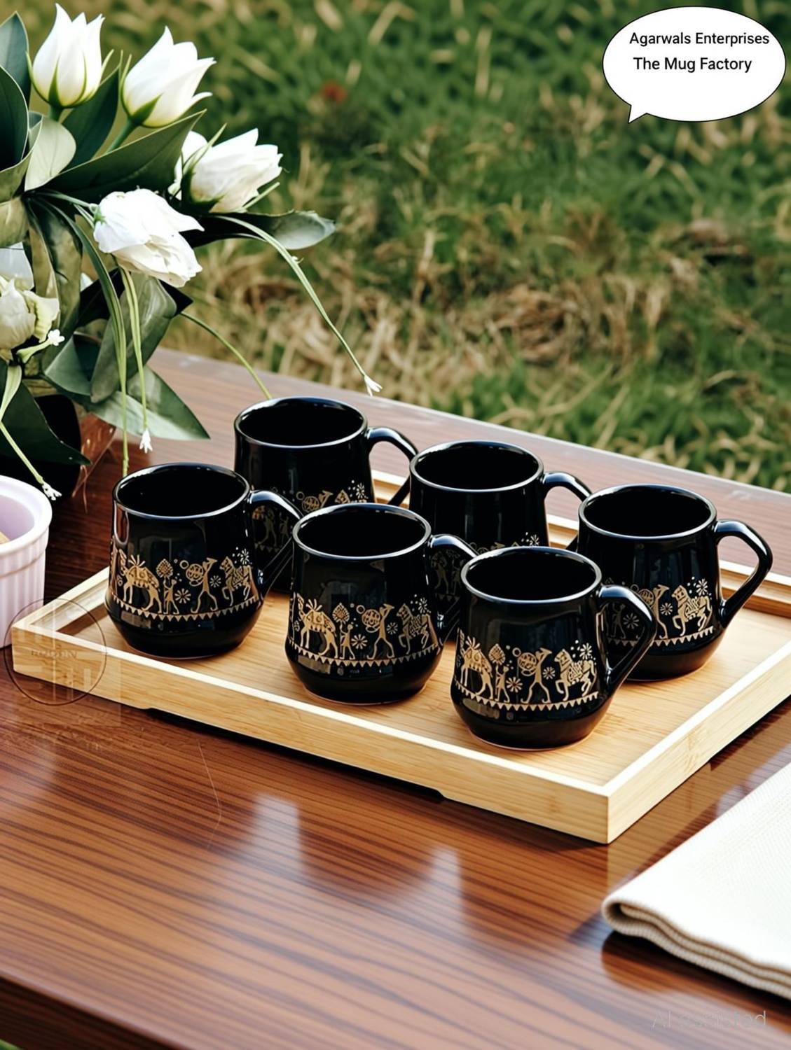 agarwals enterprises Pack of 6 Ceramic Pack of 6 Ceramic ElephantGold Tribal Artwork Ceramic Black Cups- Set