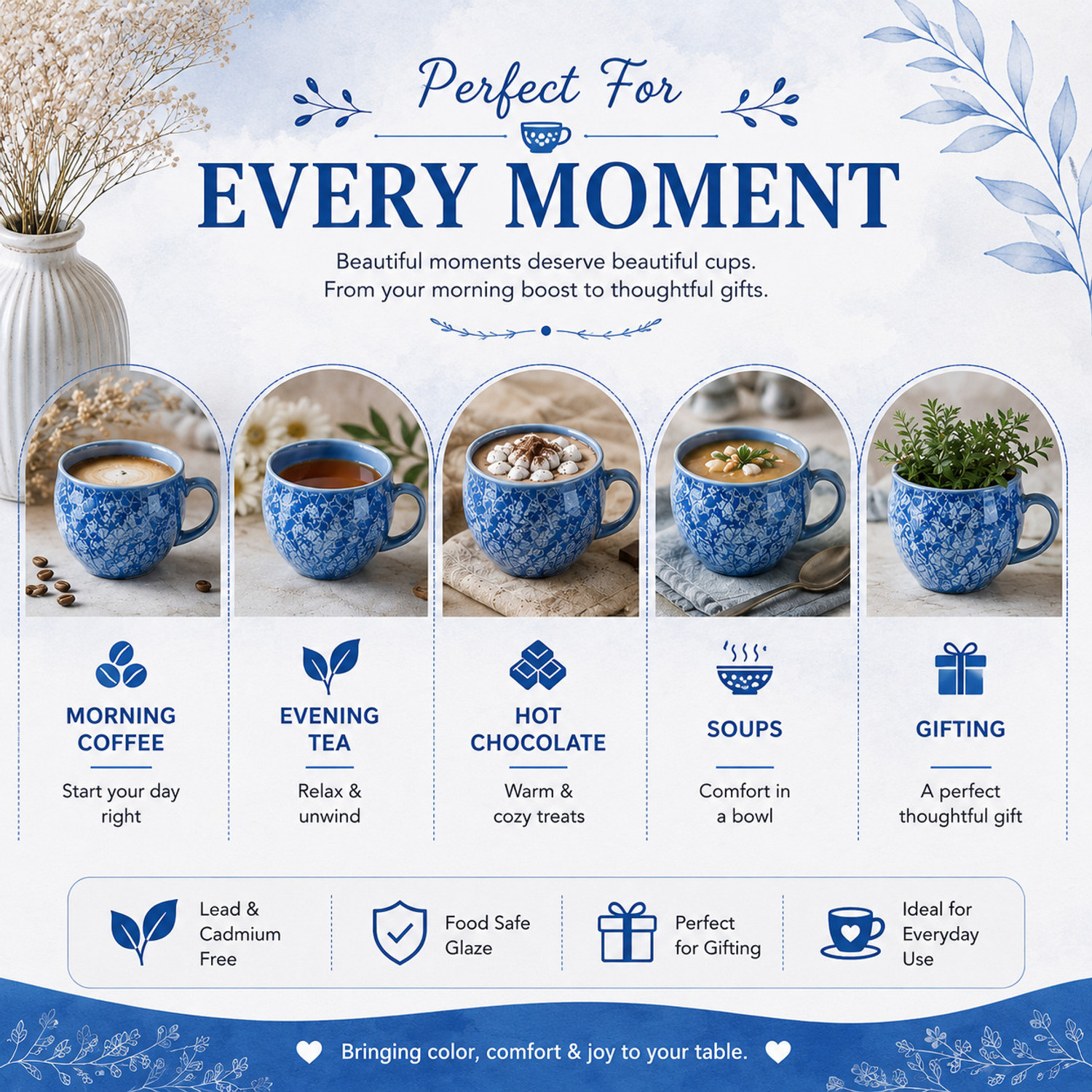 Image of D'Maiolica Pack of 6 Ceramic, Bone China Premium Quality Small Size tea cup set of 6, coffee cups