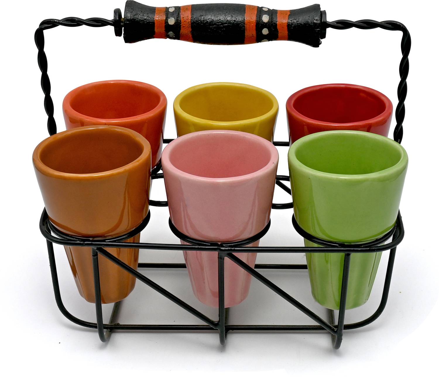 Amoorcart Pack of 6 Ceramic Cutting Chai Glasses with Stand Holder - Kulhad Set with 1 Holder or Stand