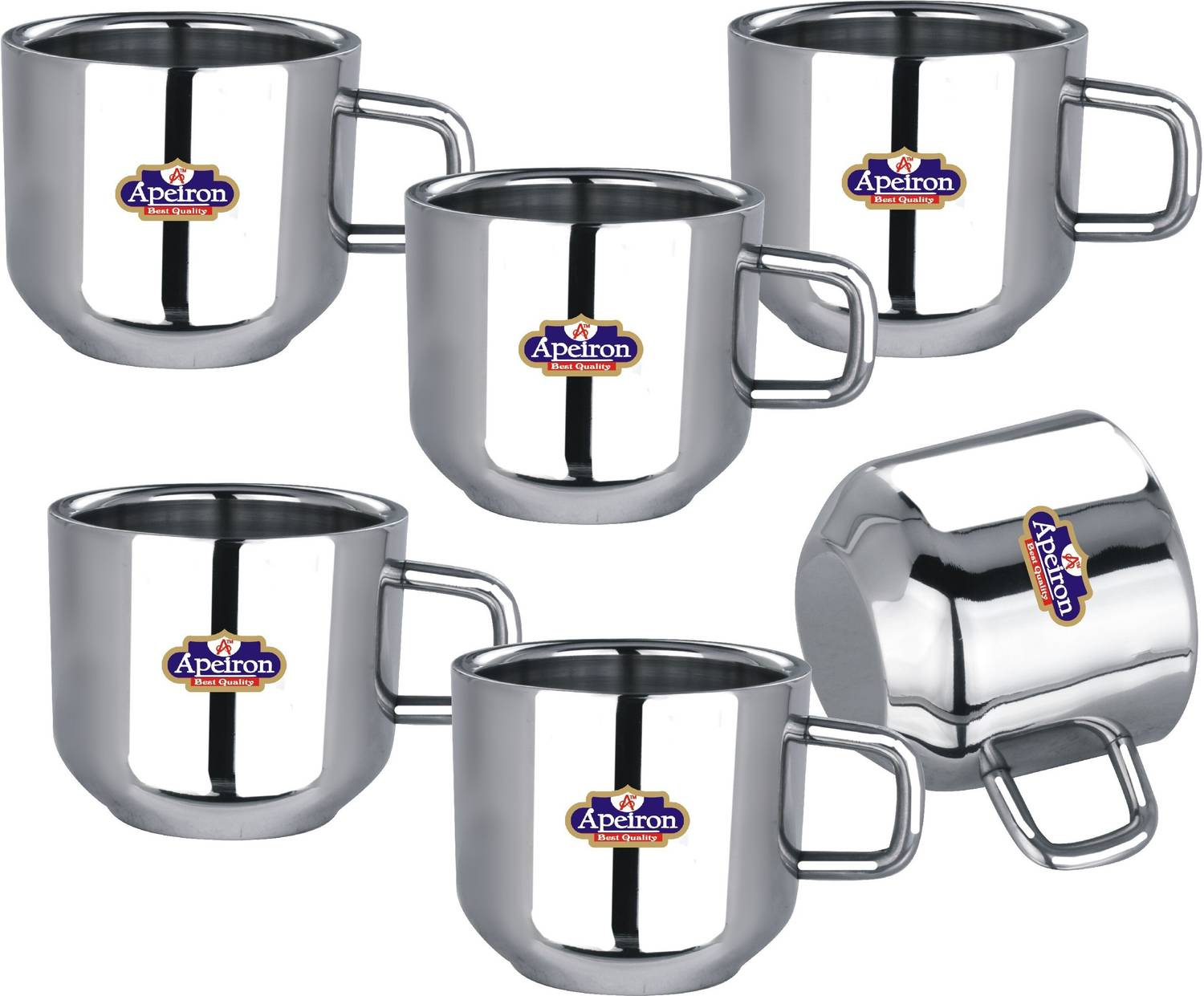 Apeiron Pack of 6 Stainless Steel Stainless Steel Double Wall Tea Cup Coffee Cup Tip Top plain shape cup 100ml each capacity
