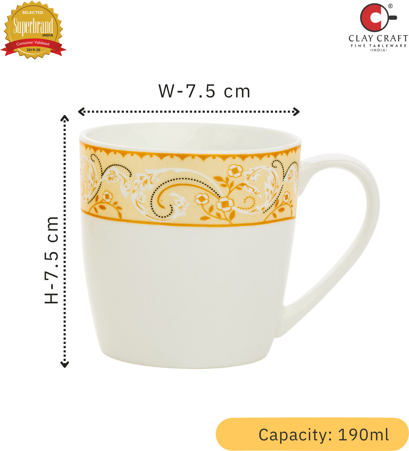 Image of CLAY CRAFT Pack of 1 Ceramic Ceramic Coffee Mug Set of 6 | Elegant Printed Tea Cups White Design