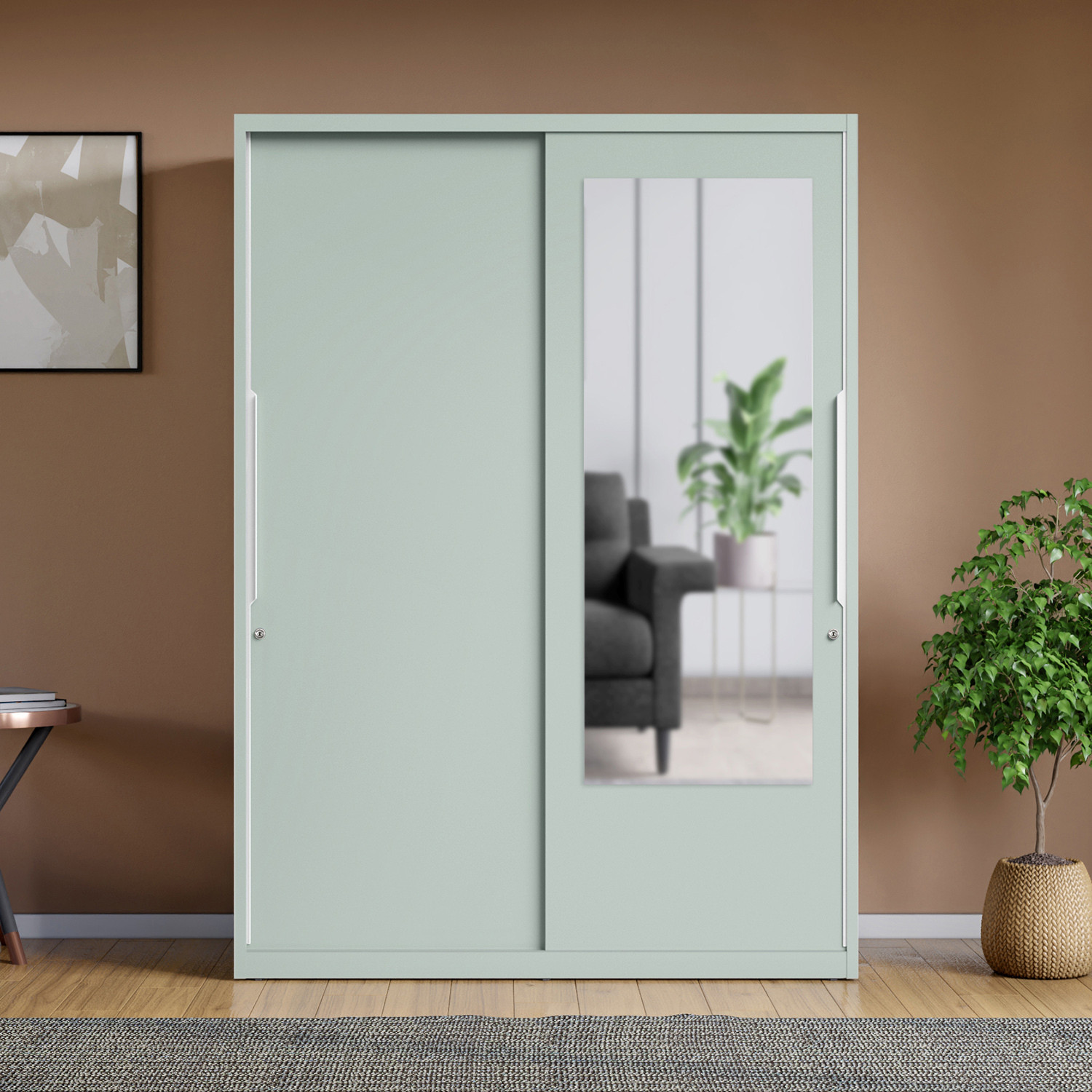 Image of Interio by Godrej 2-Door with Locker and Drawer and Plain Mirror Metal Almirah (Finish Color - Matte Sky Gray, Knock Down)