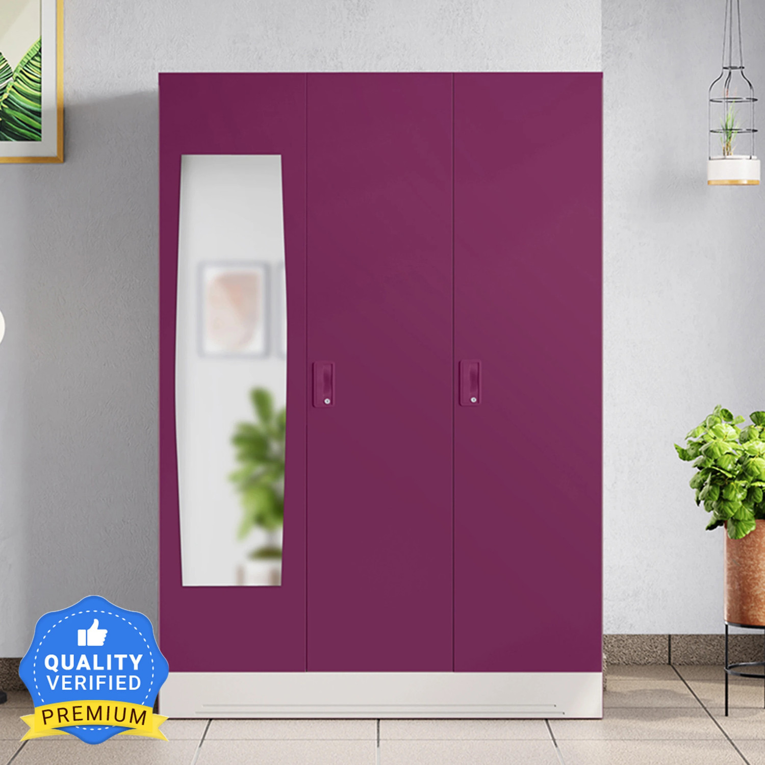 Image of Interio by Godrej Slimline 3 Door with Locker, Drawer and Mirror Metal Almirah (Finish Color - Body: Royal Ivory, Door: Textured Purple, Knock Down)