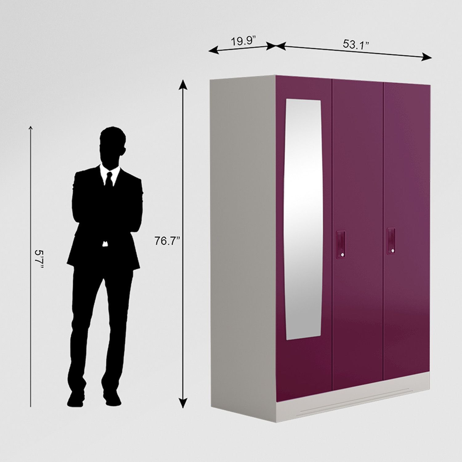 Image of Interio by Godrej Slimline 3 Door with Locker, Drawer and Mirror Metal Almirah (Finish Color - Body: Royal Ivory, Door: Textured Purple, Knock Down)