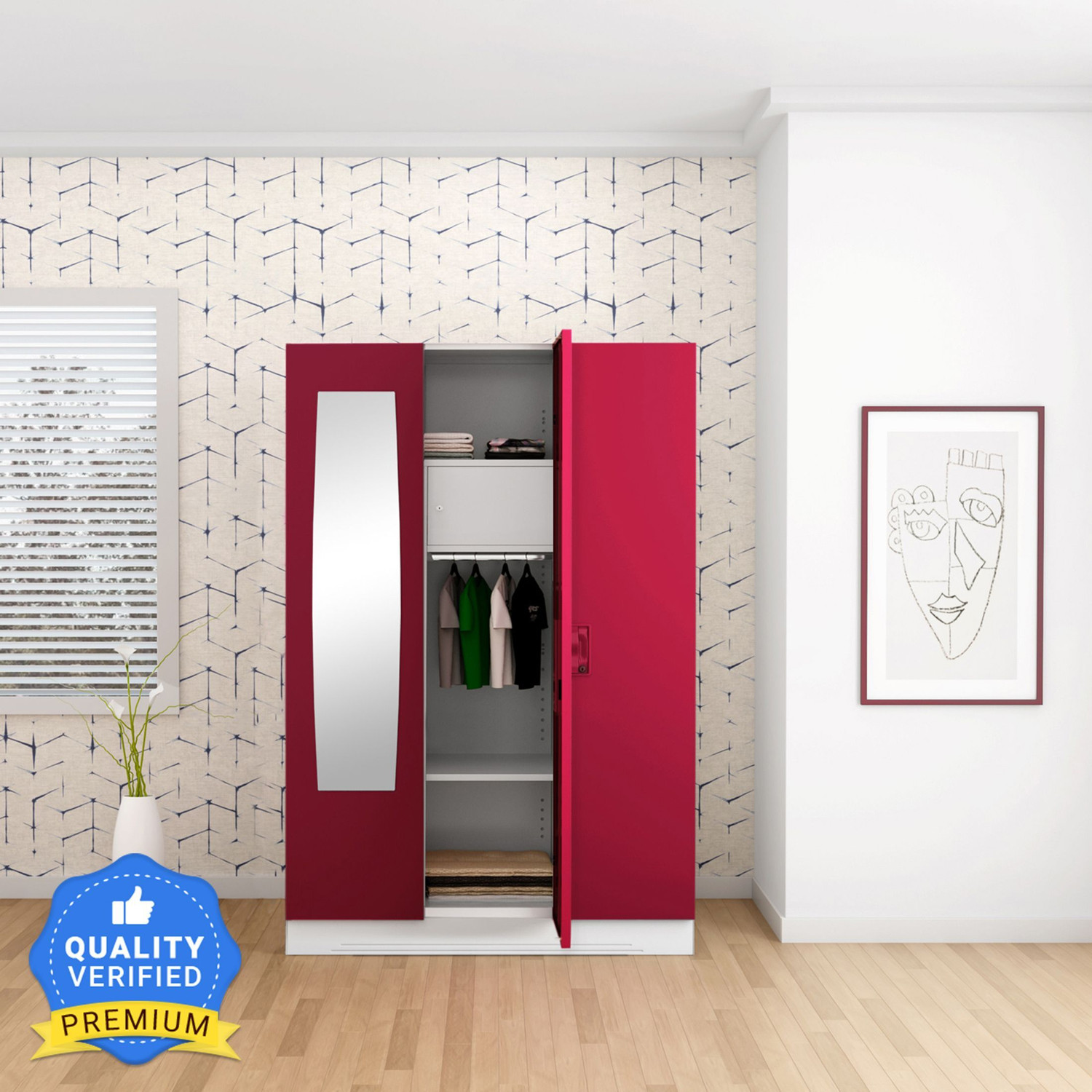 Image of Interio by Godrej Slimline 3 Door with Locker, Drawer and Mirror Metal Almirah