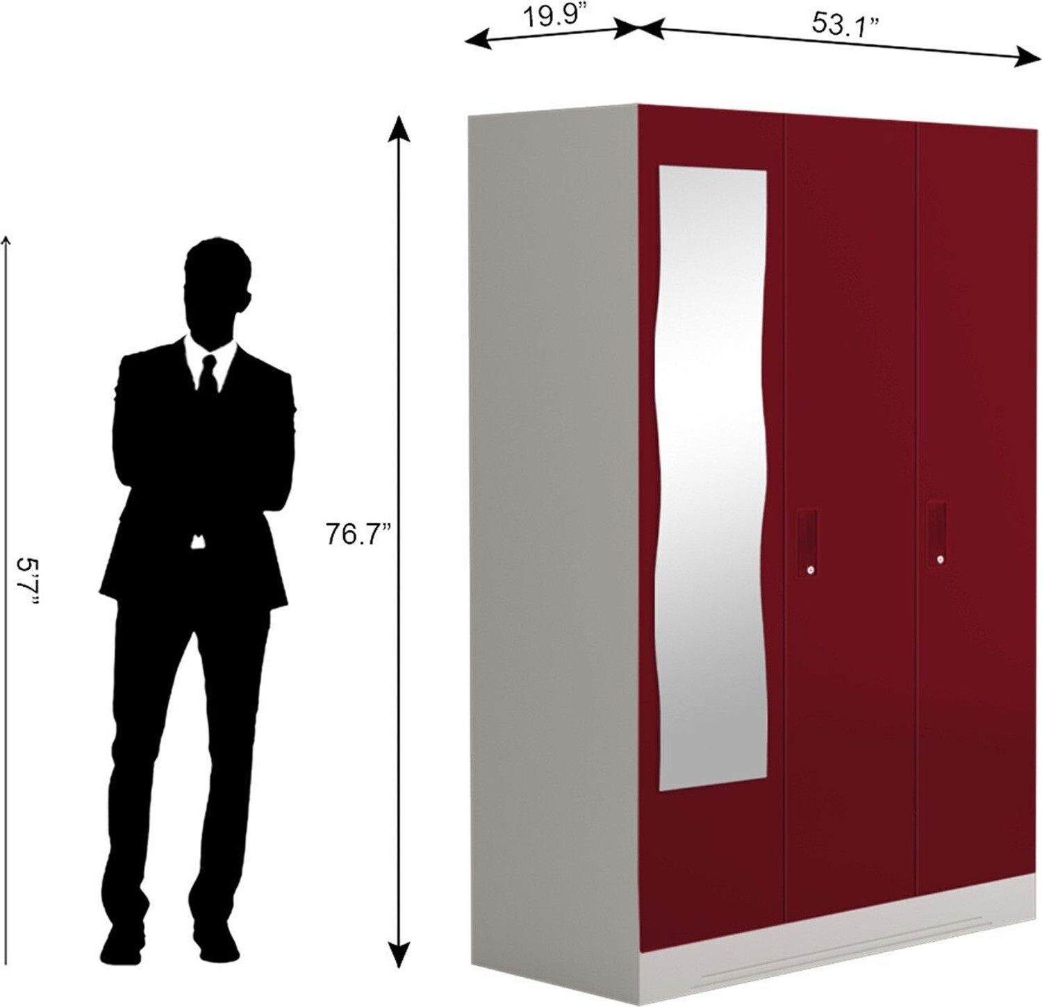 Image of Interio by Godrej Slimline 3 Door with Locker, Drawer and Curvilinear Mirror Metal Almirah