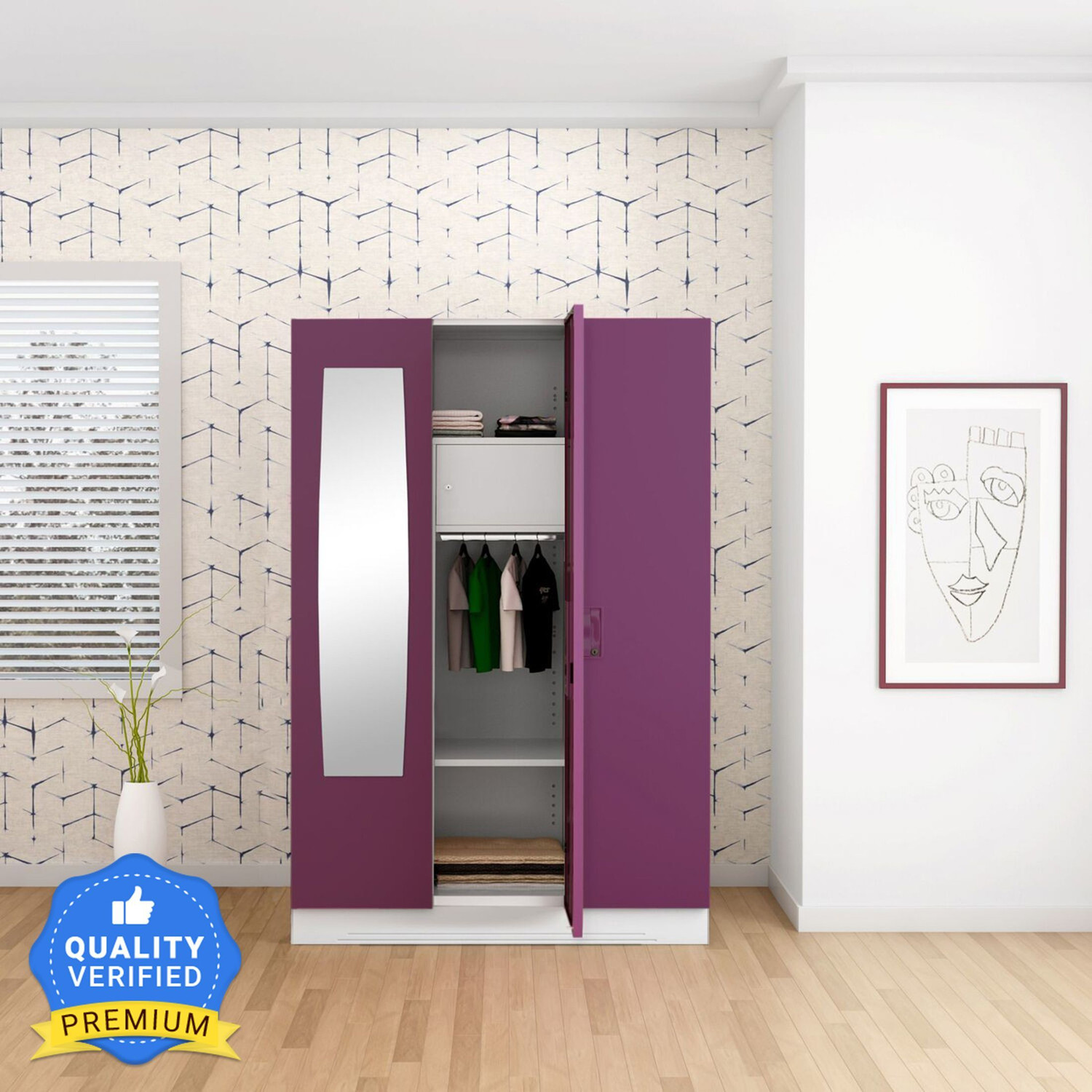 Image of Interio by Godrej Slimline 3 Door with Locker, Drawer and Mirror Metal Almirah (Finish Color - Body: Royal Ivory, Door: Textured Purple, Knock Down)