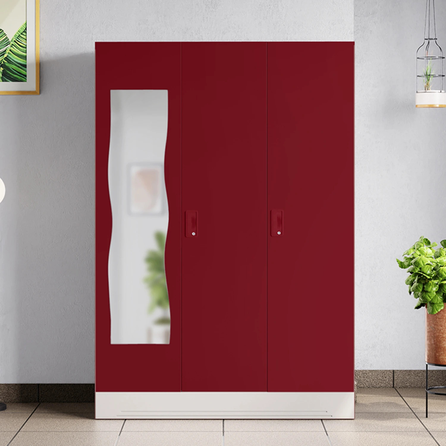 Image of Interio by Godrej Slimline 3 Door with Locker, Drawer and Curvilinear Mirror Metal Almirah