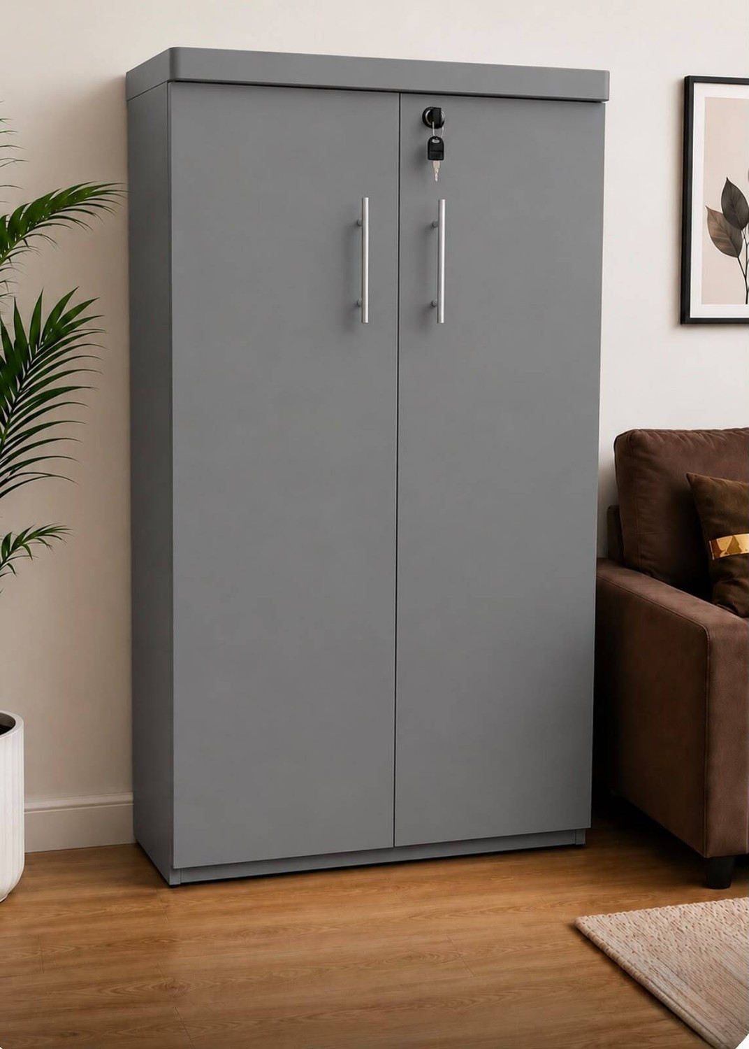 Image of DiamondF 2 Door Wooden Storage Cabinet 6 shelves with Lock | Multipurpose White Almirah Engineered Wood Almirah