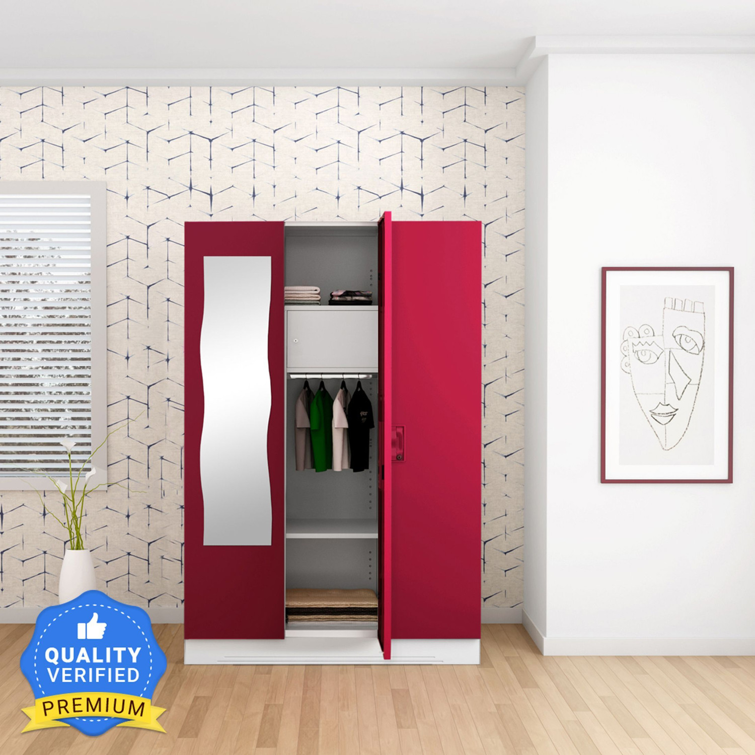 Image of Interio by Godrej Slimline 3 Door with Locker, Drawer and Curvilinear Mirror Metal Almirah