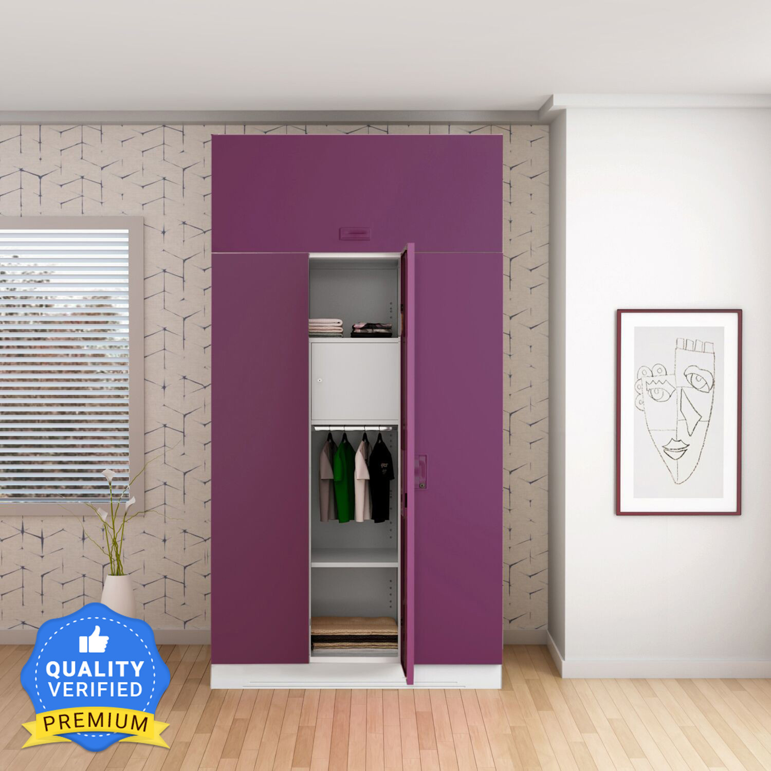 Image of Interio by Godrej Slimline 3 Door with Locker, Drawer and Overhead Unit Metal Almirah