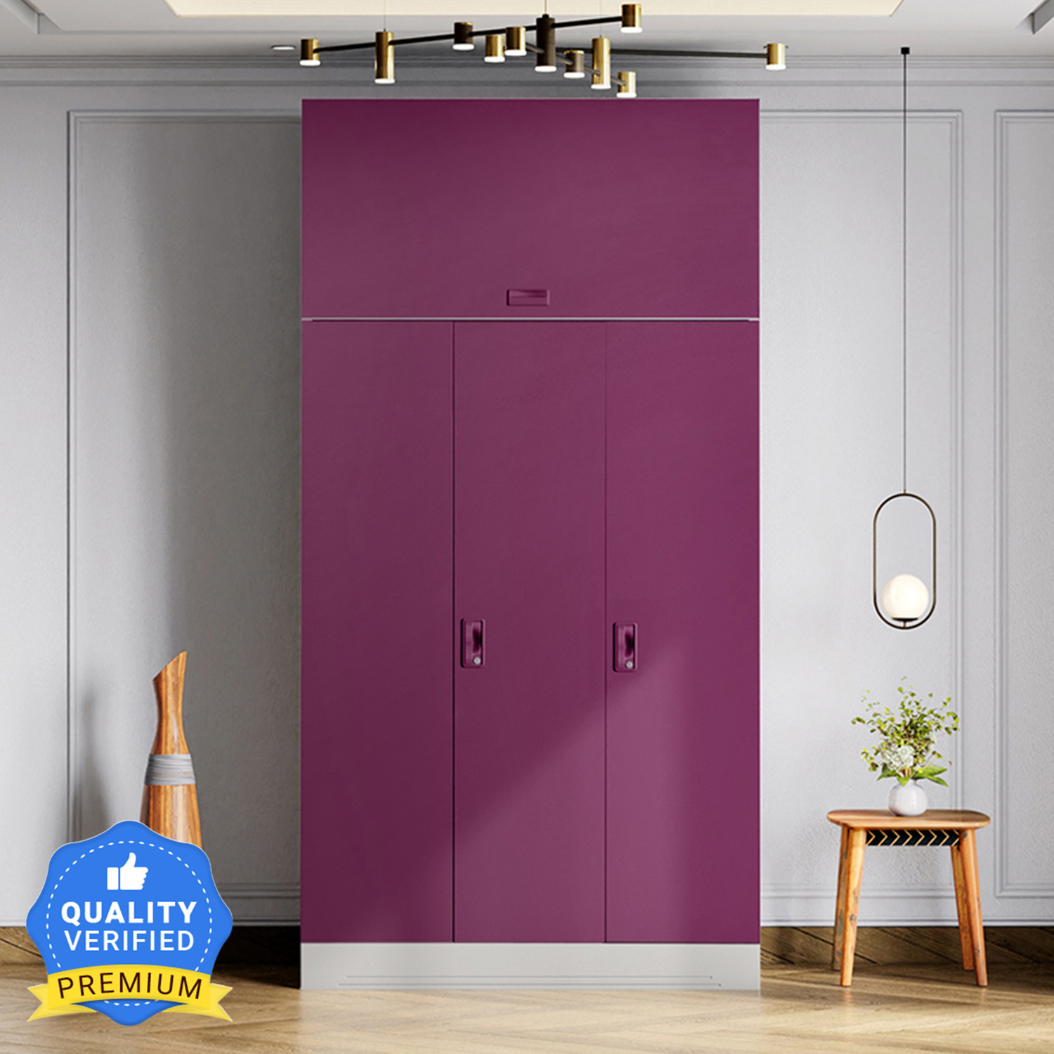 Image of Interio by Godrej Slimline 3 Door with Locker, Drawer and Overhead Unit Metal Almirah