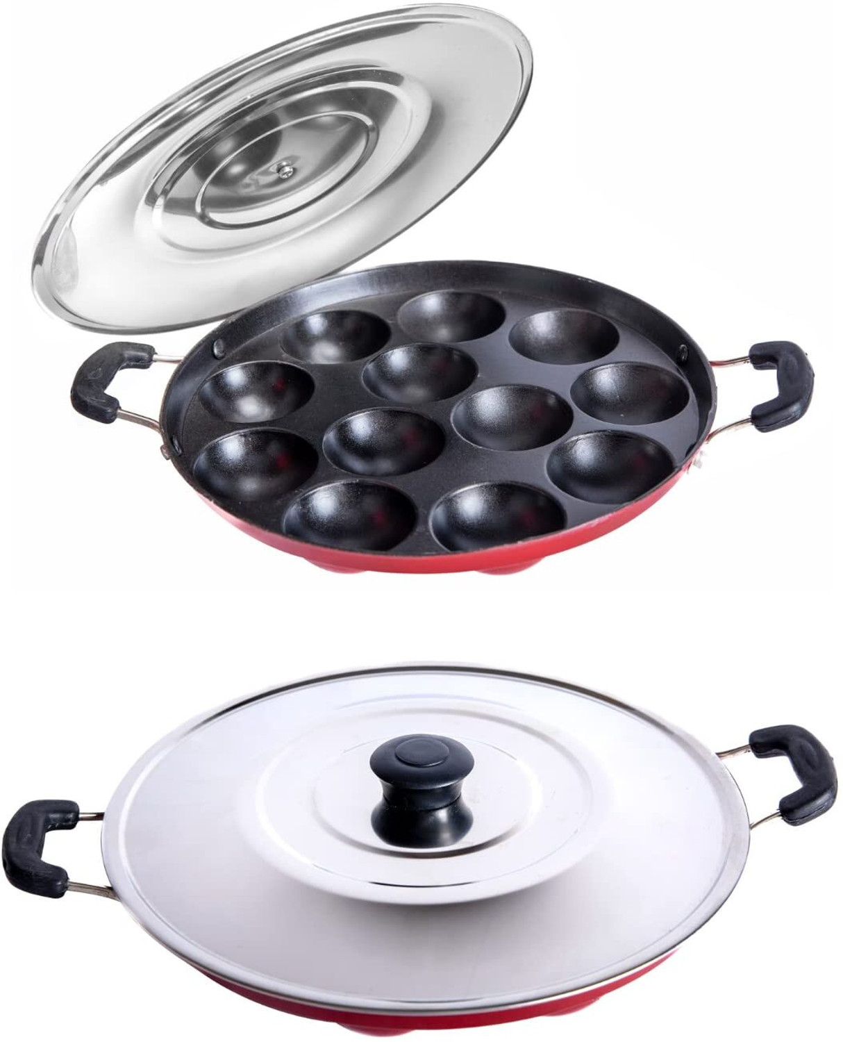 Image of sun surya Non Stick 12 Cavities Appam Patra /Paniyarrakal /Paniyaram, Medium flame only Paniarakkal Pan 23 cm diameter with Lid 0.6 L capacity