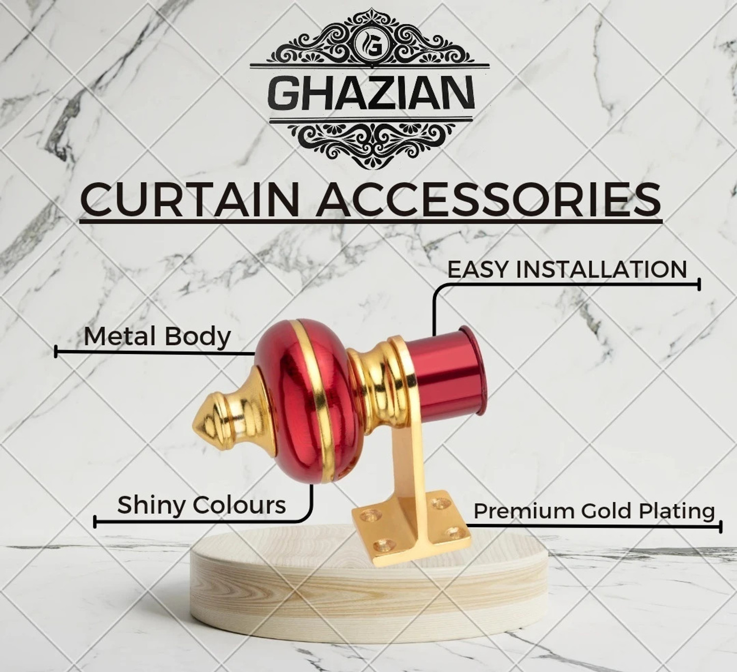 Image of Ghazian Red, Gold Curtain Knobs, Rod Rail Bracket Metal