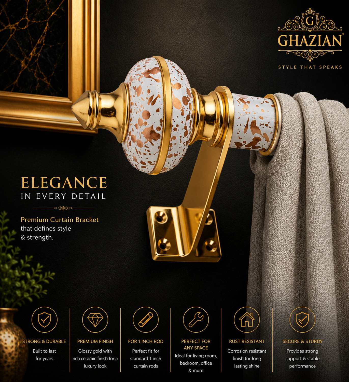 Image of Ghazian White, Gold Curtain Knobs, Rod Rail Bracket Metal
