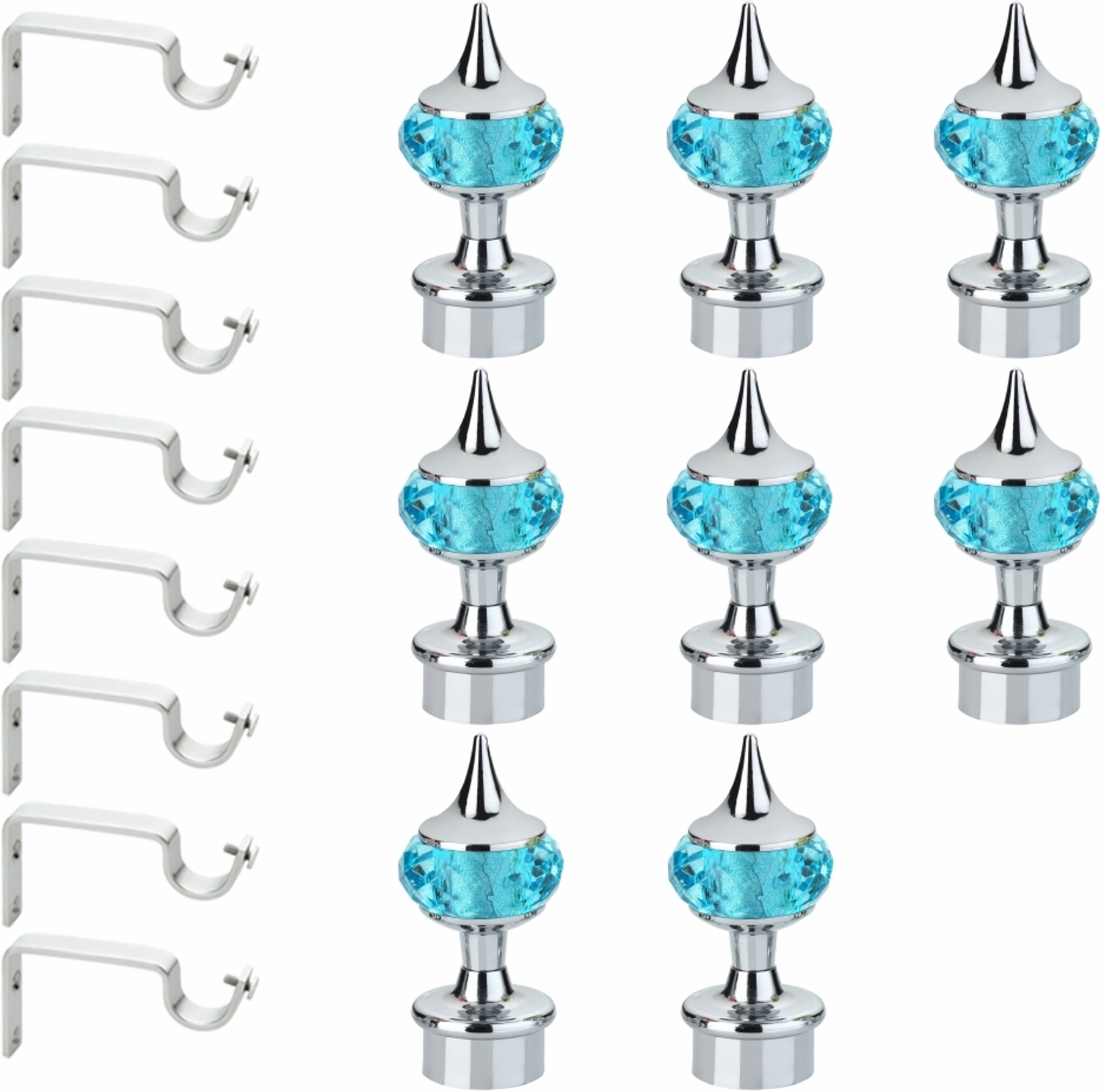 Image of GLOXY Light Blue, Silver Rod Rail Bracket, Curtain Knobs, Curtain Hooks, Curtain Rods Metal