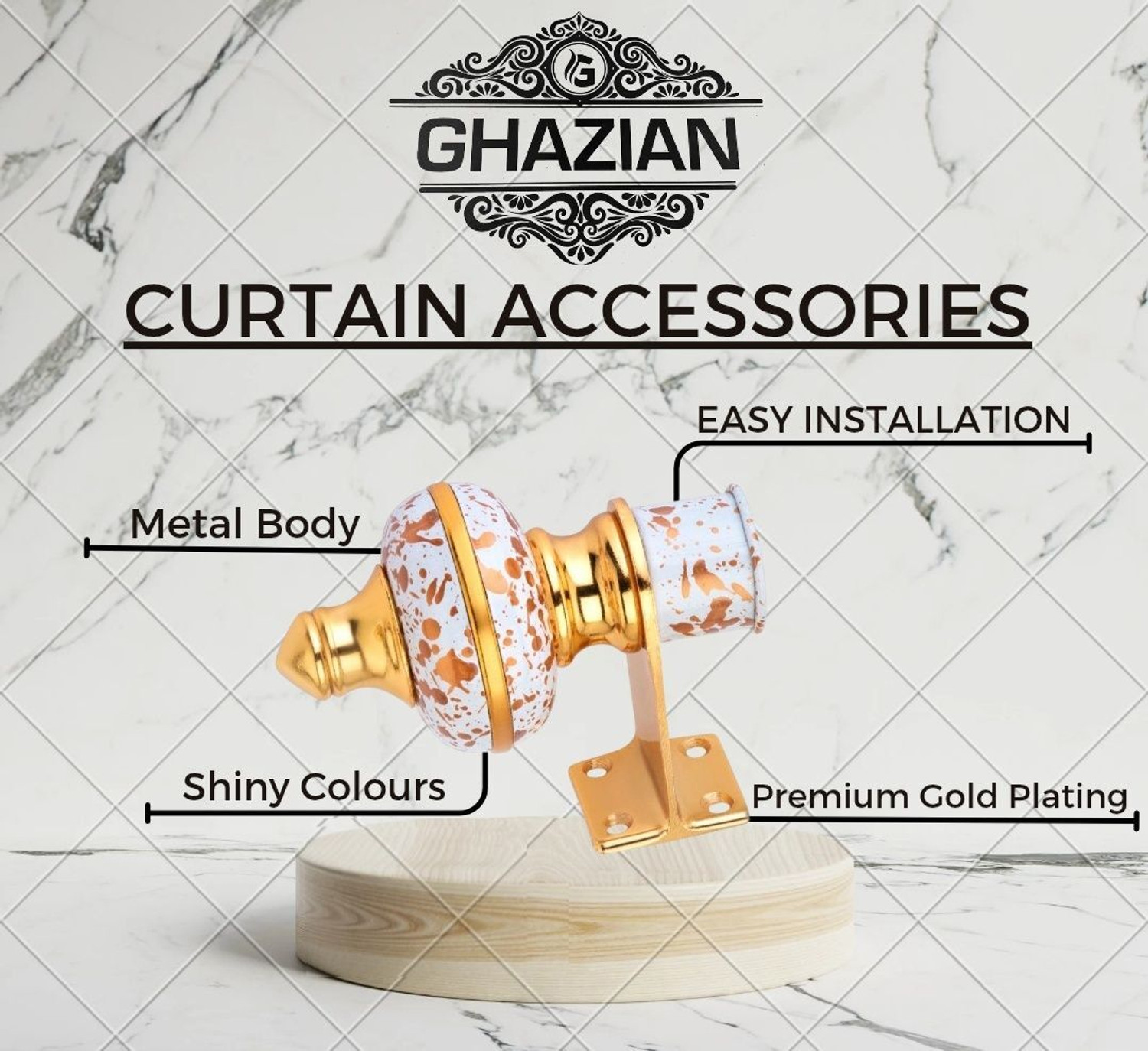 Image of Ghazian White, Gold Curtain Knobs, Rod Rail Bracket Metal